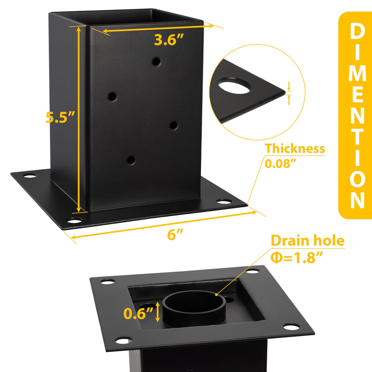 (4 PCS) LADECH 4x4 Post Anchor Base with Bottom Drainage Hole, Black Powder Coated Brackets for Fence Posts, Pergola, Mailbox Post, Come with Wood Screws and Concrete Anchors (4, 4x4) LADECH