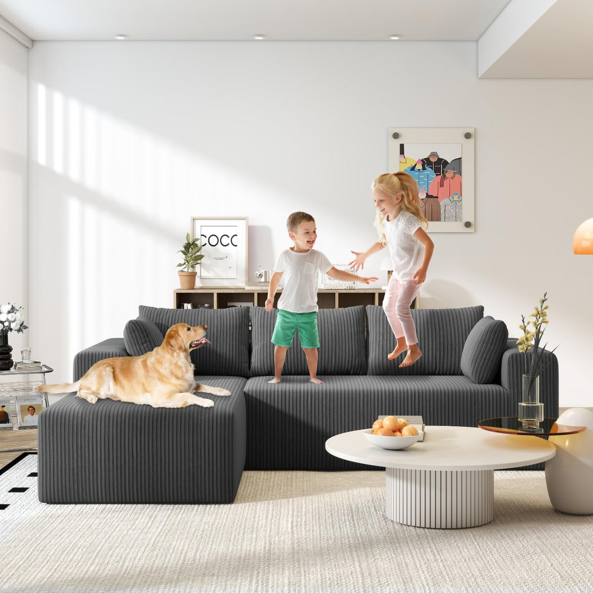 Mvpipi L-Shaped Boneless Couches for Living Room, Cloud Couch with Oversized Chaise, Modular Sectional Sofa w/Deep Seat, Corduroy Comfy Sofa, Couches for Bedroom & Apartment, No Assembly, Grey Mvpipi