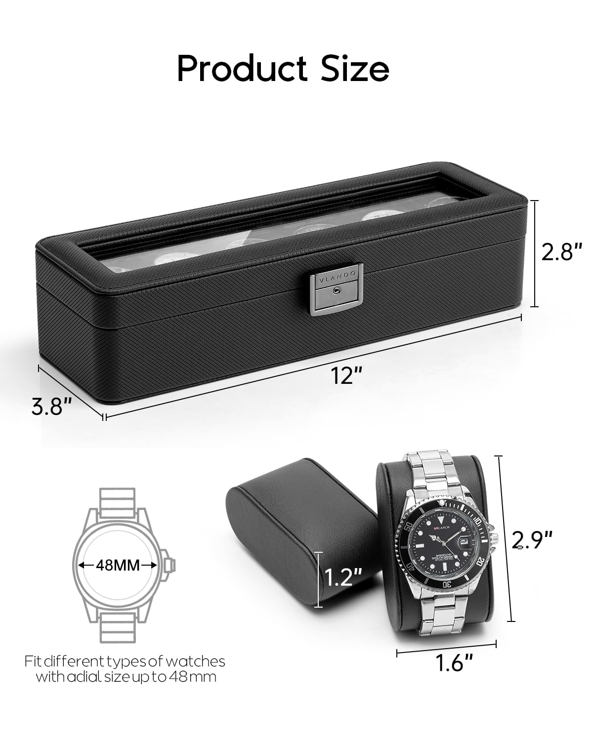 Vlando Watch Case for Fathers Day Gifts, 6-Slot Watch Box for Men with Glass Lid, Lockable, Business Textured Leather, Soft Pillow, Gifts for Dad, Husband, Friends - Black Vlando