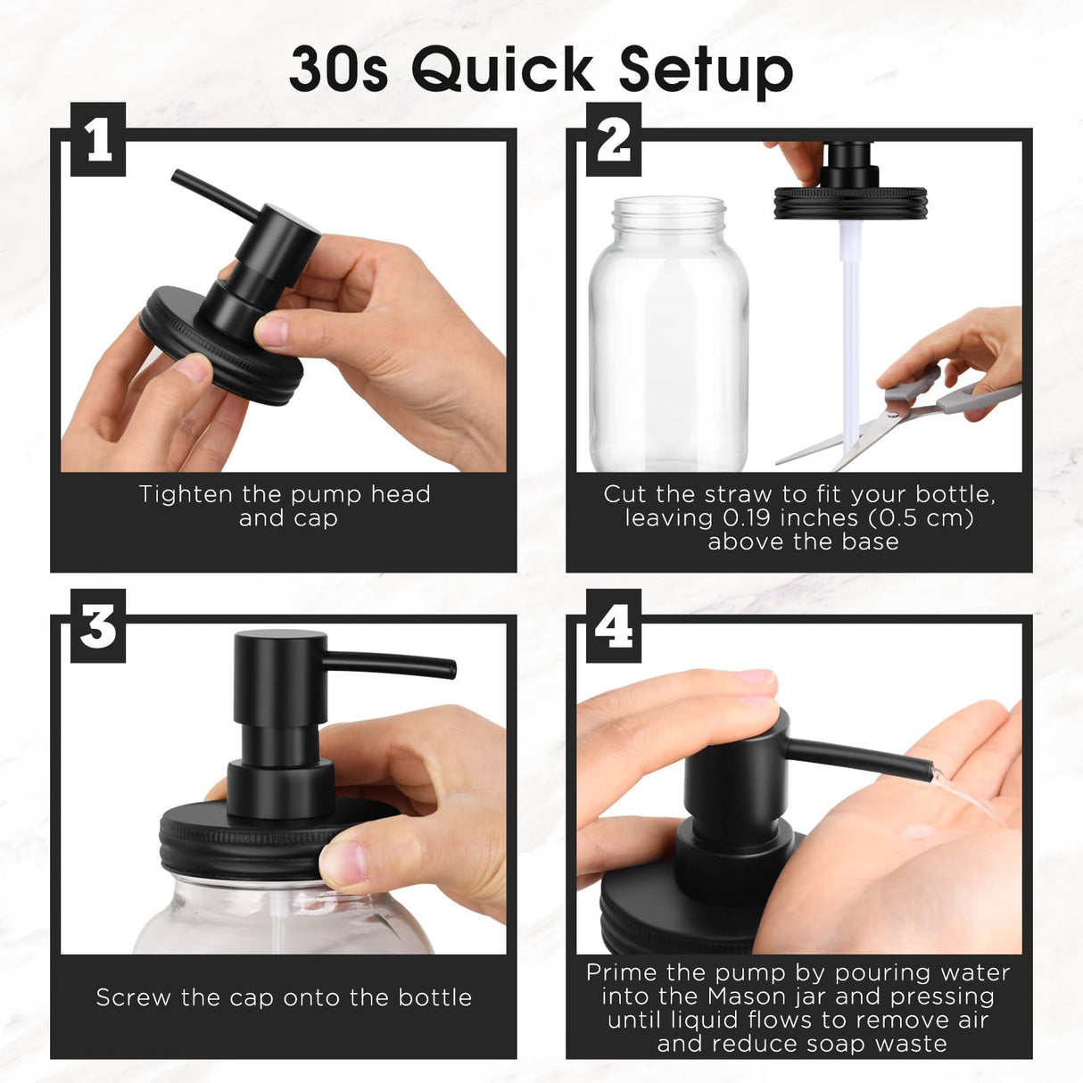 Watsango Mason Jar Soap Dispenser Set, Rustproof Plastic Lotion Pump and Lids Accessories for Regular Mouth Mason Jar and Farmhouse Kitchen Counter Decor- 4 Pack Black Watsango