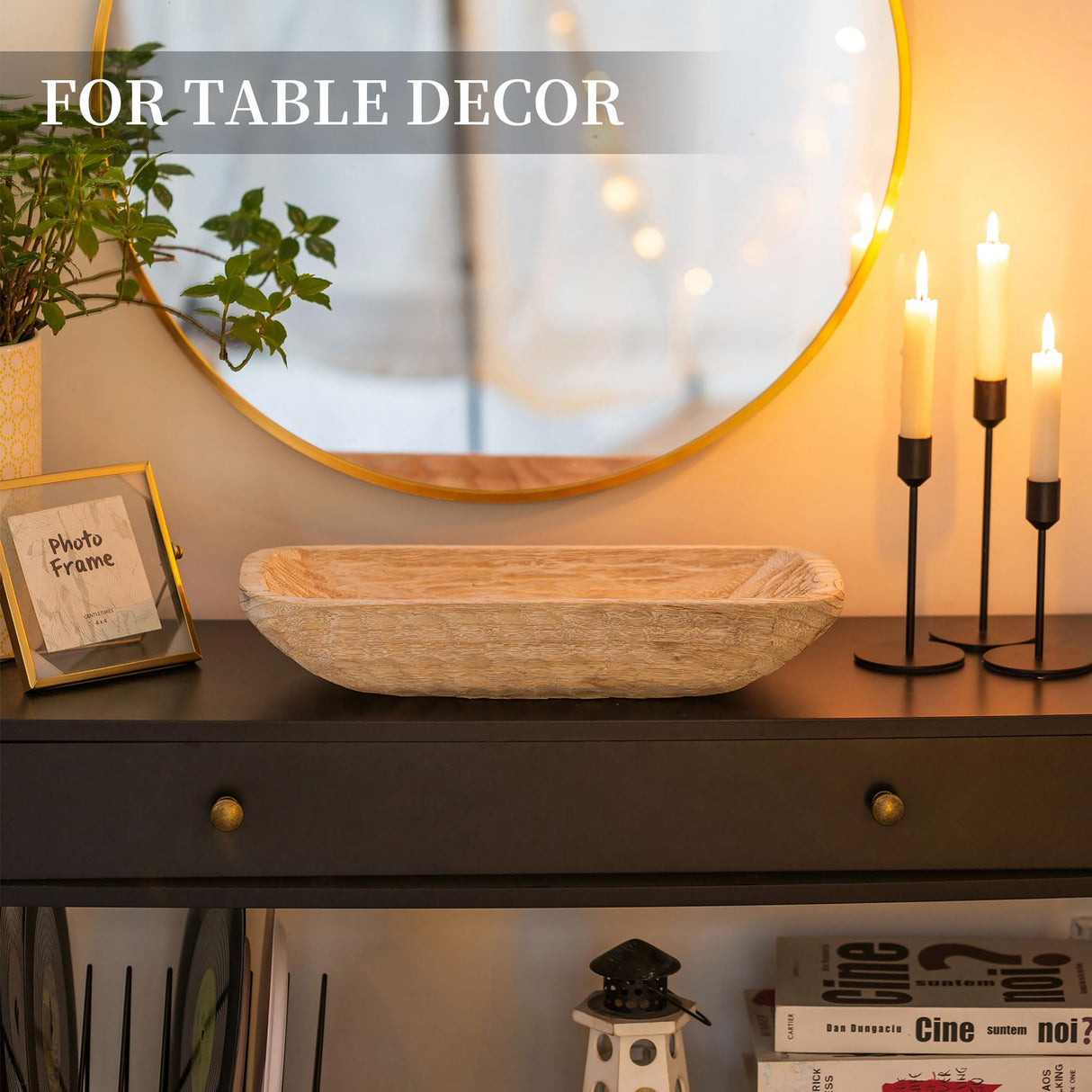 Hanobe Decorative Wood Dough Bowl: Wooden Centerpiece Table Decorations Natural Candle Holder Tray Decor Rustic Unfinished Hand Turned Trough Centerpieces for Dining Room Kitchen Hanobe