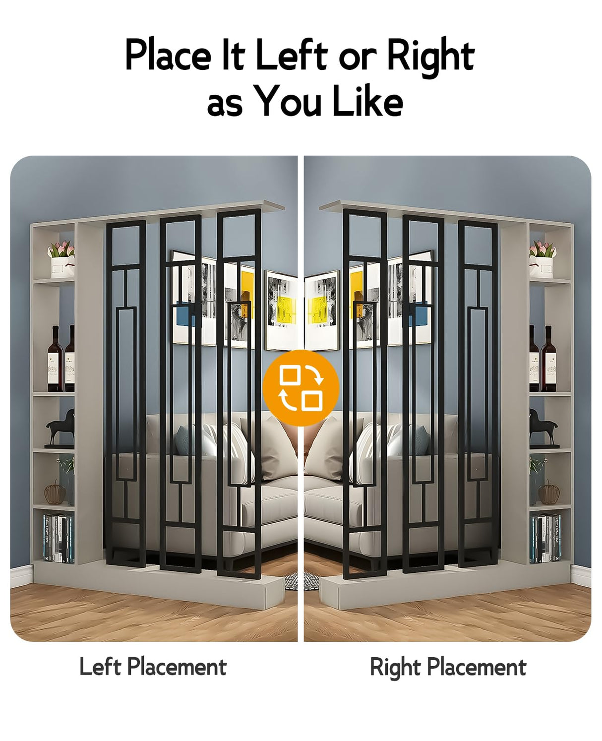 Kavie Wall Room Divider Bookshelf, Modern Wood Bookcase with Translucent Screens Storage Cabinet for Stylish Home Office Decor Display (Khaki+Black,39.5" L x 9.5" W x 79.5" H) Kavie