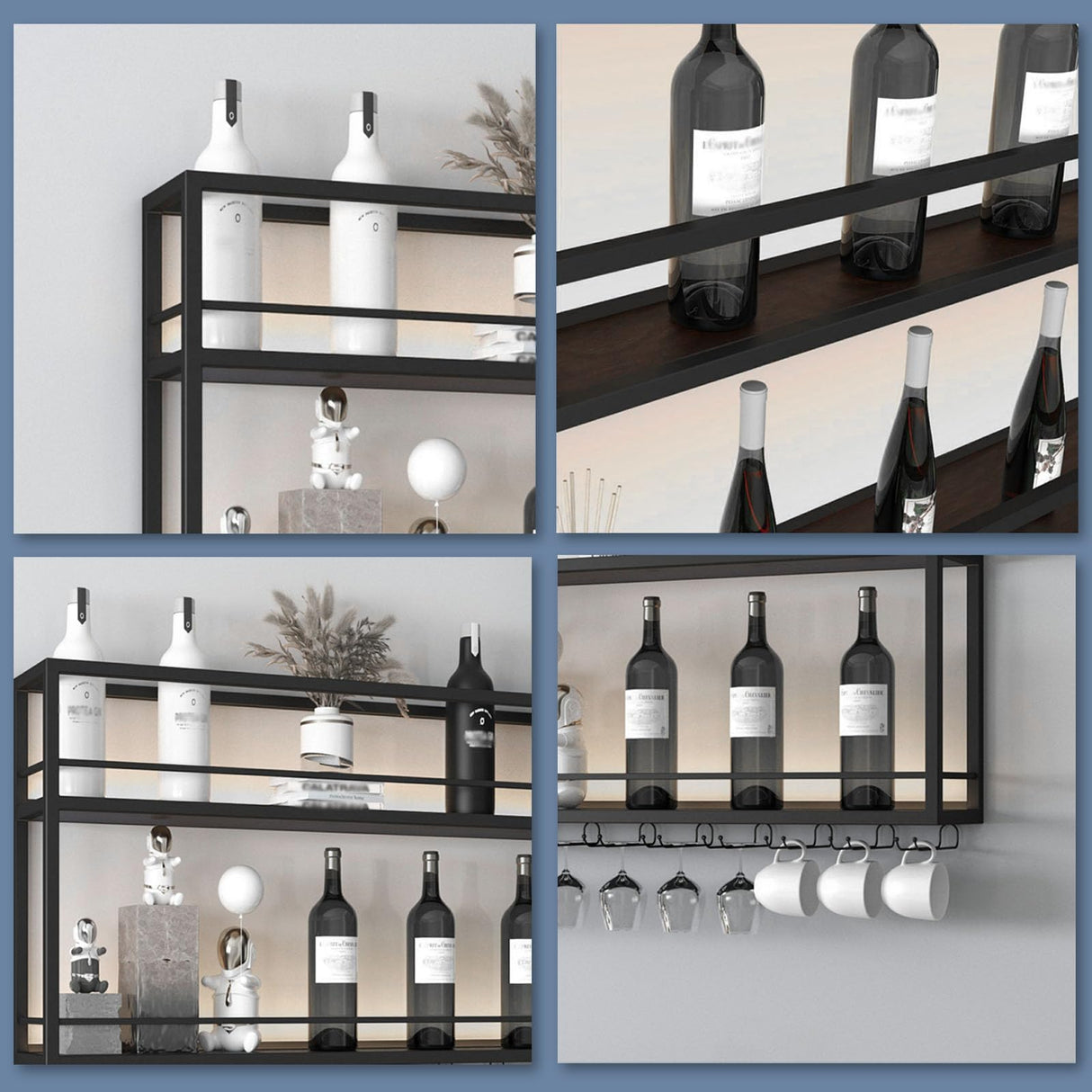 Industrial Wall Mounted Wine Rack, 2-Tier Wood Wine Bottle Shelf with Stemware Rack, Black Wine Glass Rack Multi Functional Wine Storage Display Rack for Home Bar Dining Room Kitchen (39.3×7.8×26in) SPTZQURY