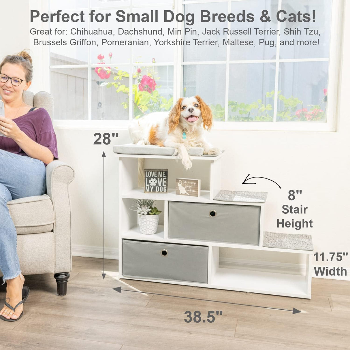 PetFusion Pet Step Window Perch Bookshelf w/ Storage Baskets 28” Tall Dog and Cat Perch, 8” Stair Height Multi-Functional Modern Furniture w/ Carpeted Step Pads & 1” Thick Premium Foam Pad PetFusion