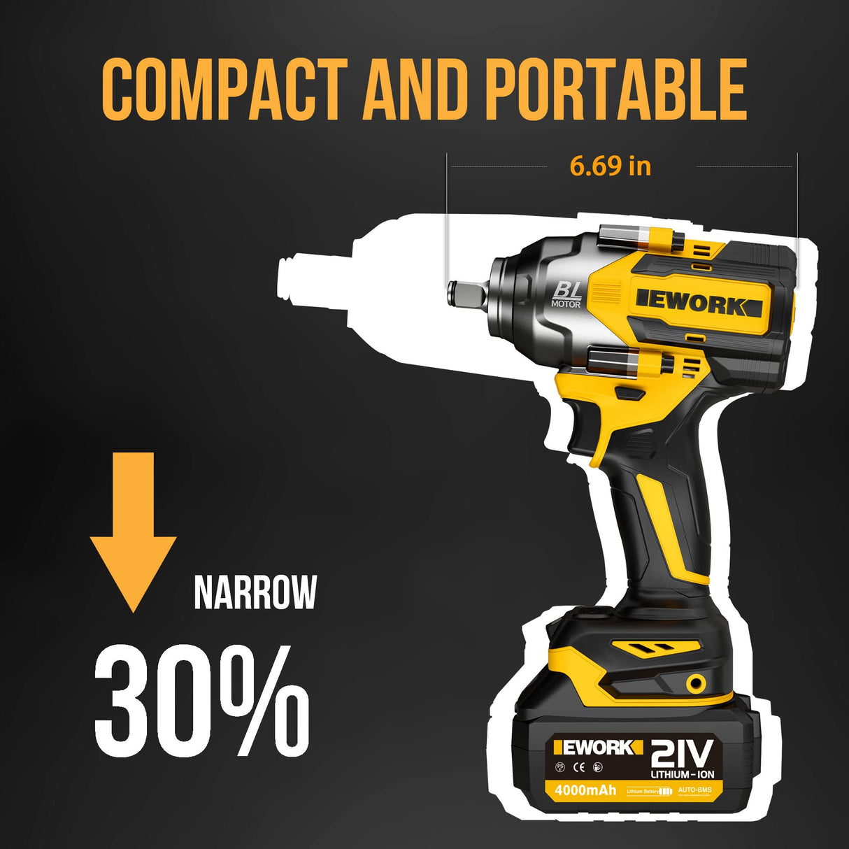 EWORK Cordless Impact Wrench 1/2 inch 21V Brushless High Torque Impact Gun Max 700 Ft-lbs Power Impact Wrenches with 4.0Ah Li-ion Battery, Fast Charger, 5 Sockets, Tool Bag (RB-810) EWORK