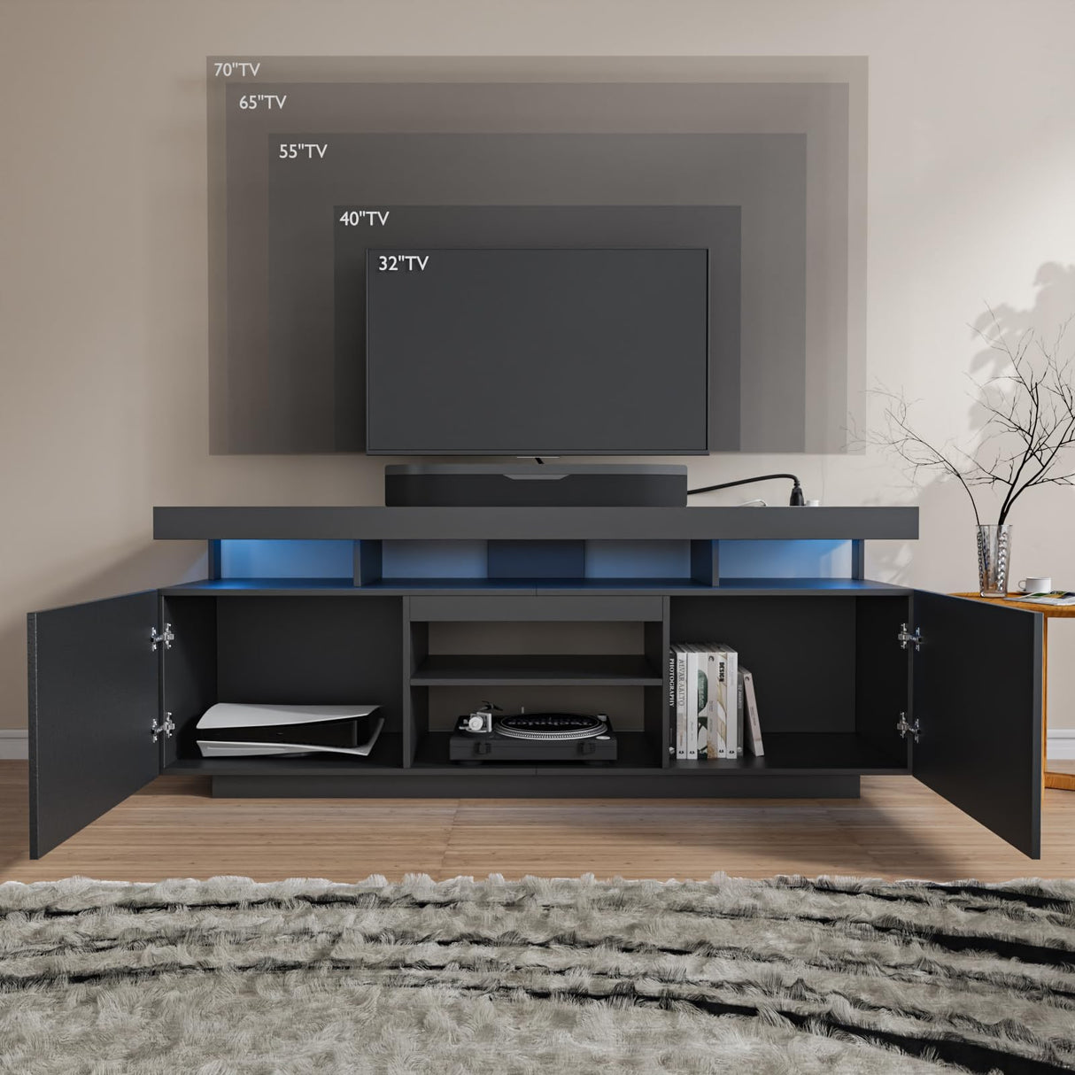 HOMMPA LED TV Stand with Power Outlets for 70/65/60/55 inch TV Modern Entertainment Center with Storage, Gaming TV Consoles with LED Lights Game Cabinet for Living Room Grey& Black HOMMPA