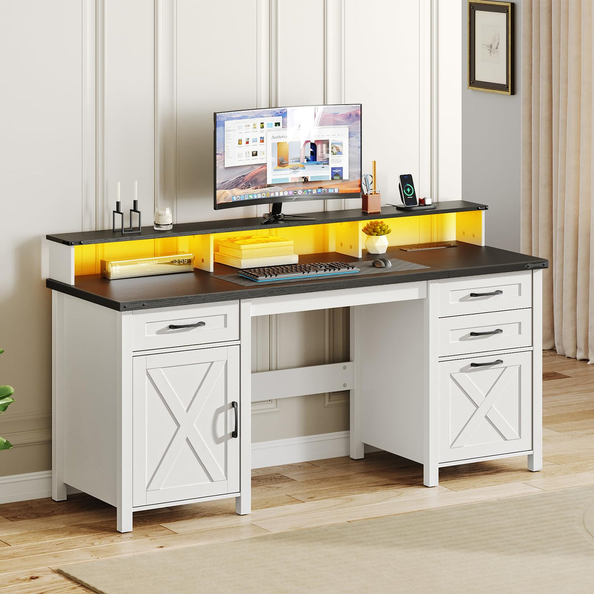 HOOBRO Farmhouse Executive Desk with Drawers, 63" Large Farmhouse Desk with Power Outlet & LED Light, Office Desk with Drawers, Computer Desk with File Cabinet, Writing Desk with Monitor Stand, White HOOBRO