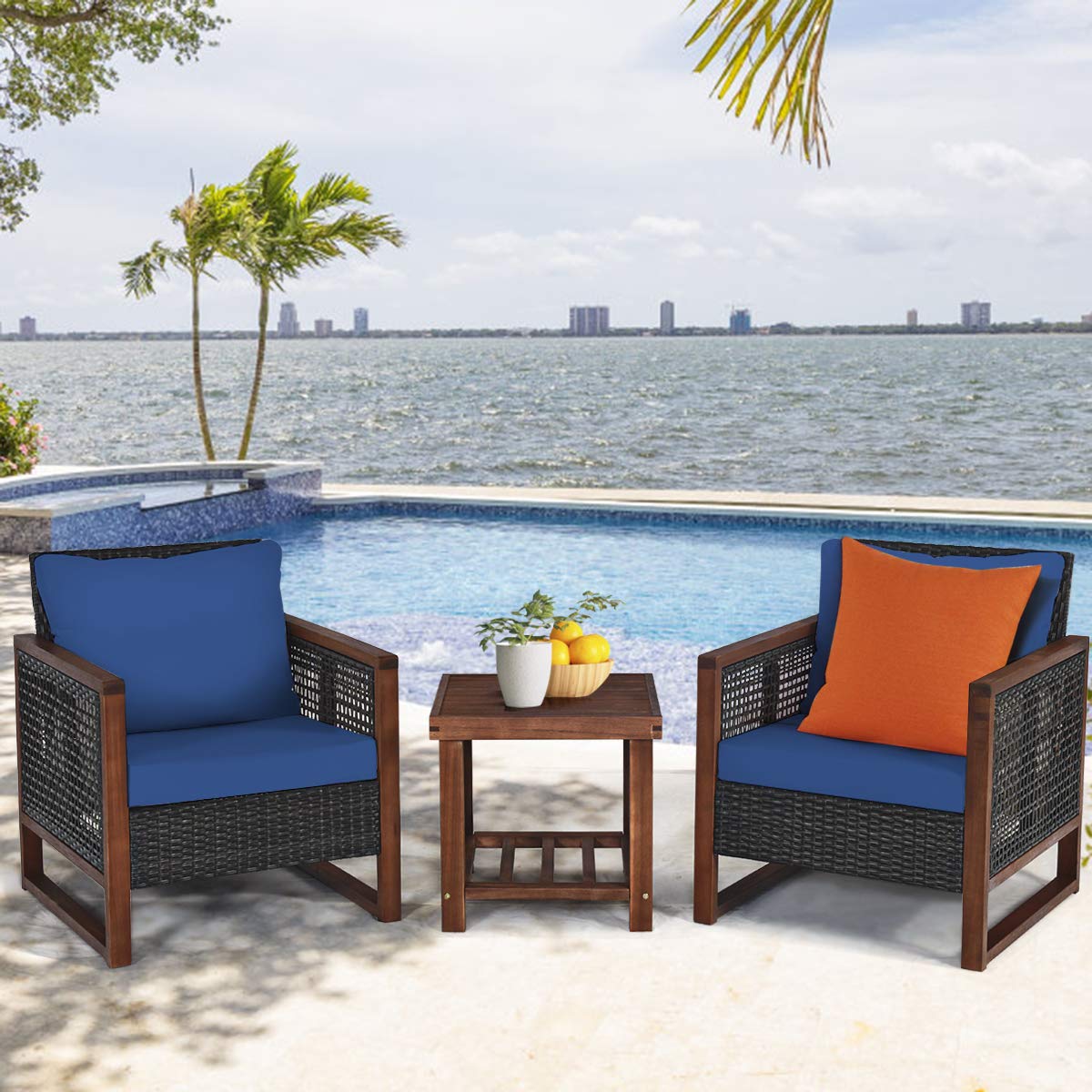 Tangkula 3 Pieces Patio Wicker Furniture Set, Rattan Outdoor Sofa Set w/Washable Cushion & Acacia Wood Coffee Table, Conversation Bistro Set for Garden Balcony Backyard (Blue) Tangkula
