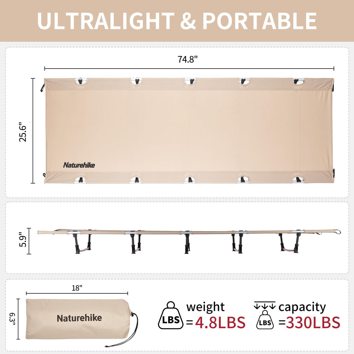 Naturehike Ultralight Camping Cot, Easy to Assemble Folding Tent Cot, Compact & Protable Camping Bed for Camping, Mountaineering, & Hiking, Supports 330lbs with Carry Bag, Kahki Naturehike