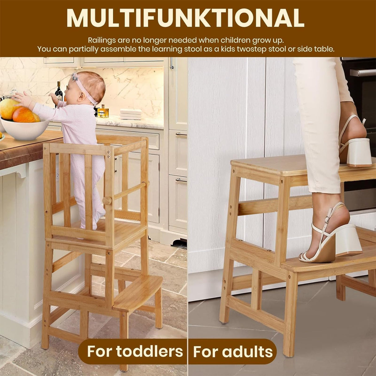 COSYLAND Kids Kitchen Step Stool,Toddler Standing Tower with CPC Certification, Removable Anti-Drop Railing Safety Rail Enjoys Unique Patented Design A Anti-tip Structure More Stable, Natural Bamboo COSYLAND
