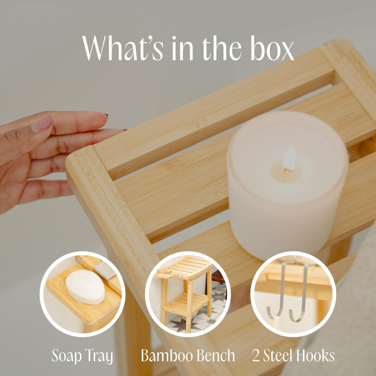 Bamboo Shower Bench for Inside Shower – Waterproof Bathroom Spa Seat with Shelf, Hooks & Soap Tray – Wood Shower Stool for Shaving, Sauna, or Small Bathroom – Walnut ATALIA