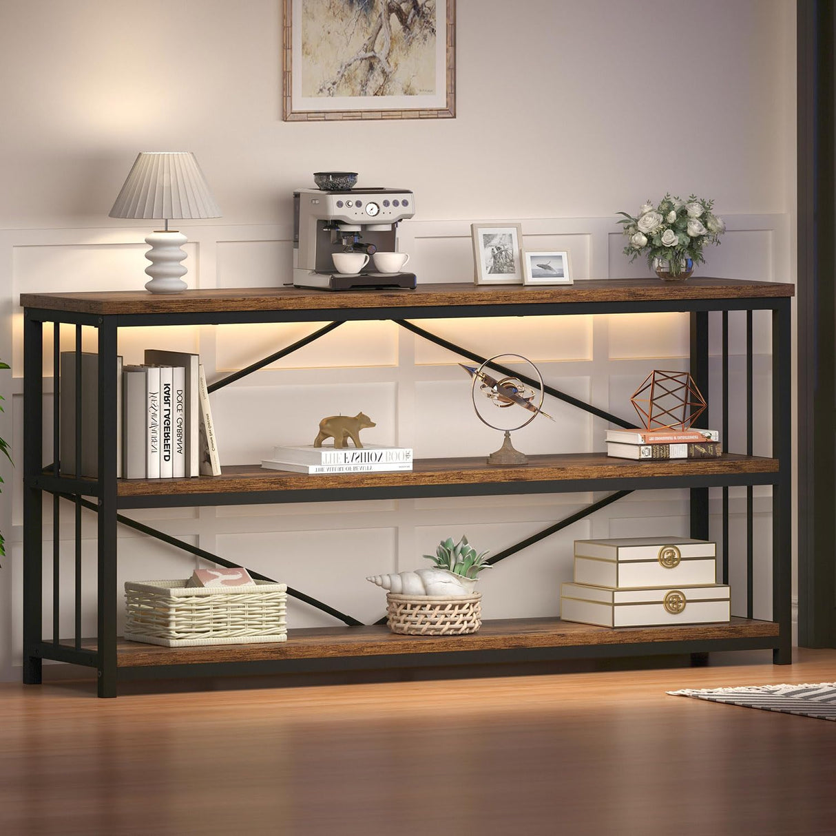 HSH Low Bookshelf, Industrial Wood 3 Tier Extra Long Horizontal Bookcase, Wide Open Metal Large Book Shelf for Bedroom Living Room, Rustic Brown, 70 Inch HSH