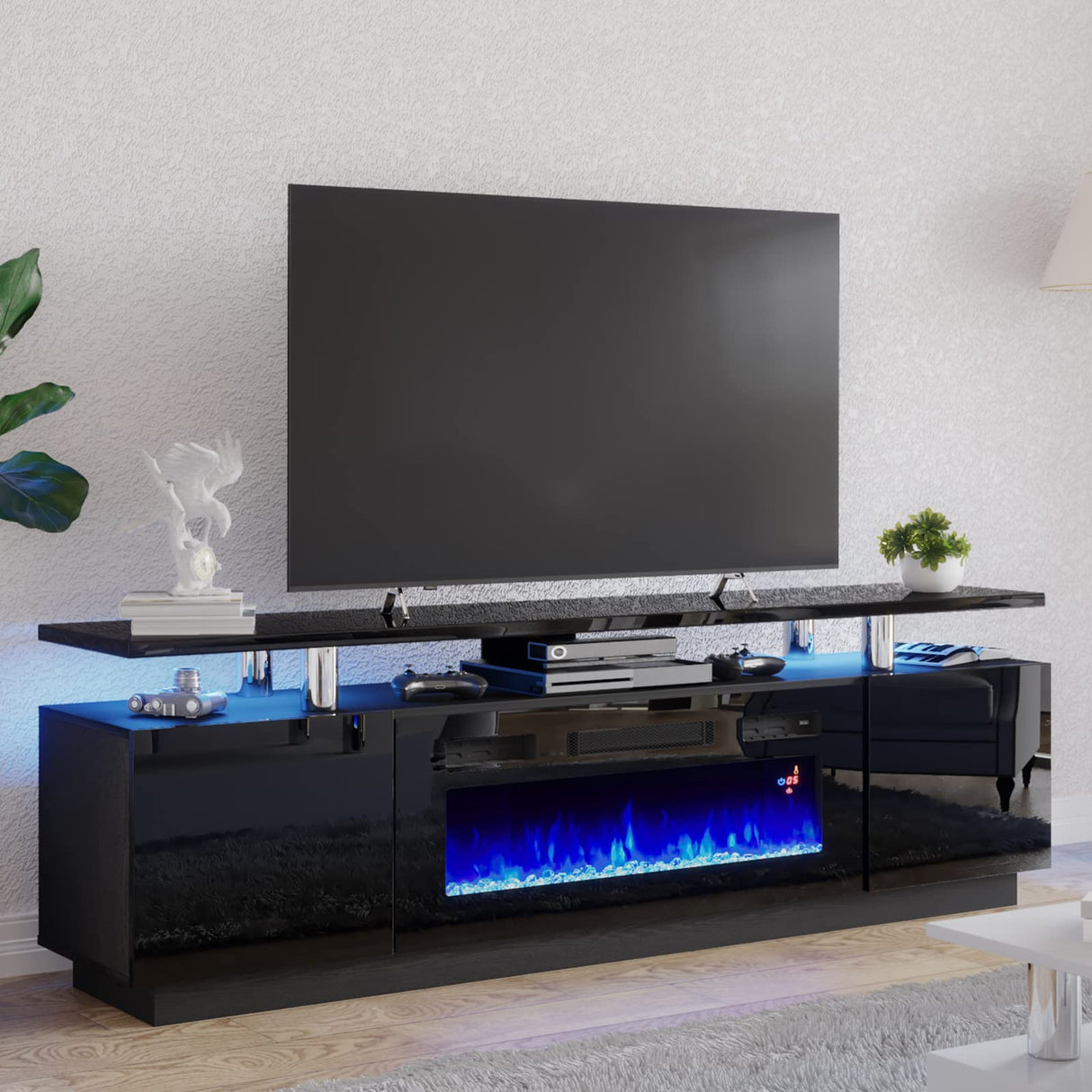 AMERLIFE Fireplace TV Stand with 36" Fireplace, 70" Modern High Gloss Fireplace Entertainment Center LED Lights, 2 Tier TV Console Cabinet for TVs Up to 80", Obsidian Black AMERLIFE