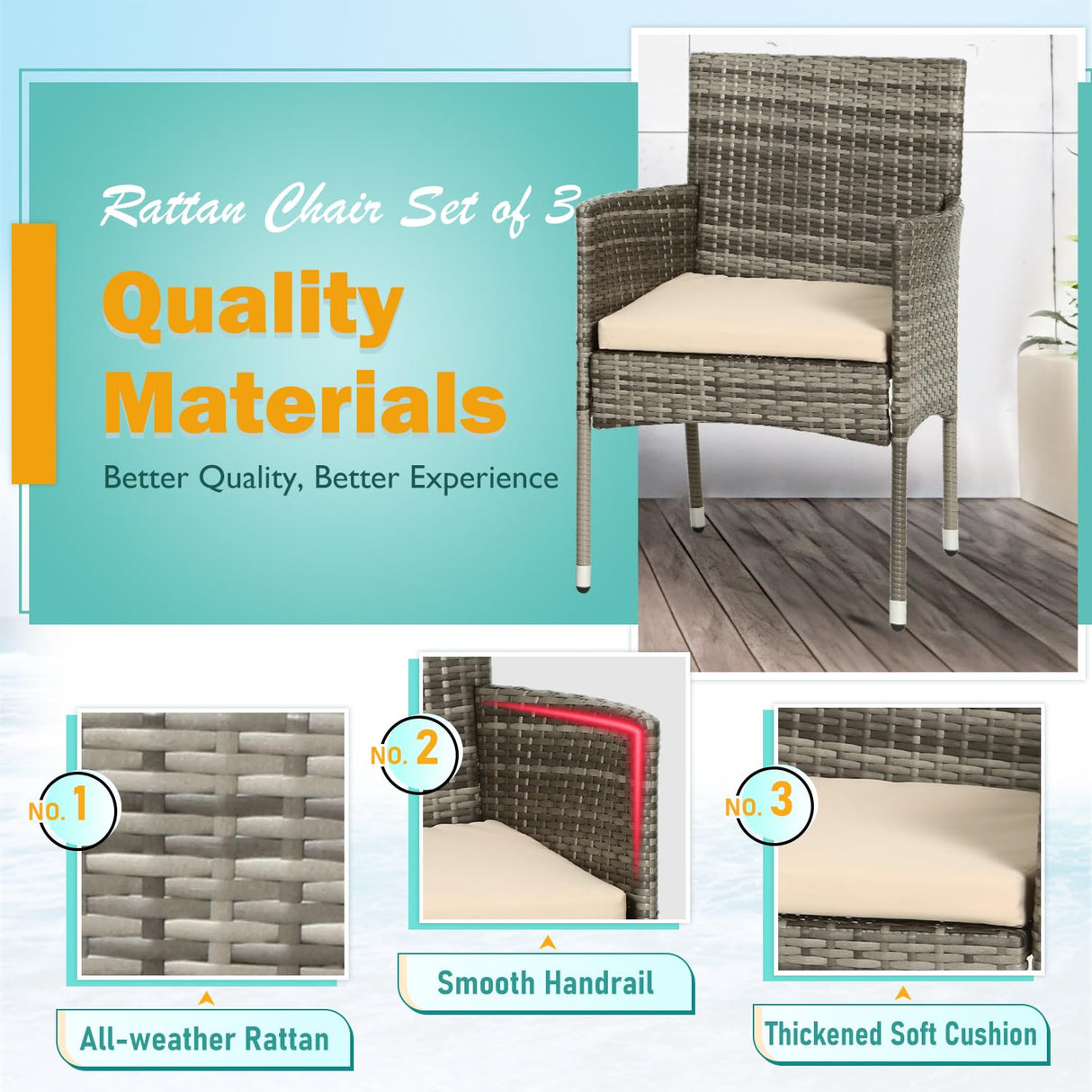 PayLessHere Set of 3 Outdoor Furniture Set Patio Furniture Set Gray Conversation Set with 2 Rattan Chairs Glass Coffee Table for Coffee Bar Poolside Patio Outdoor, Khaki Cushions PayLessHere