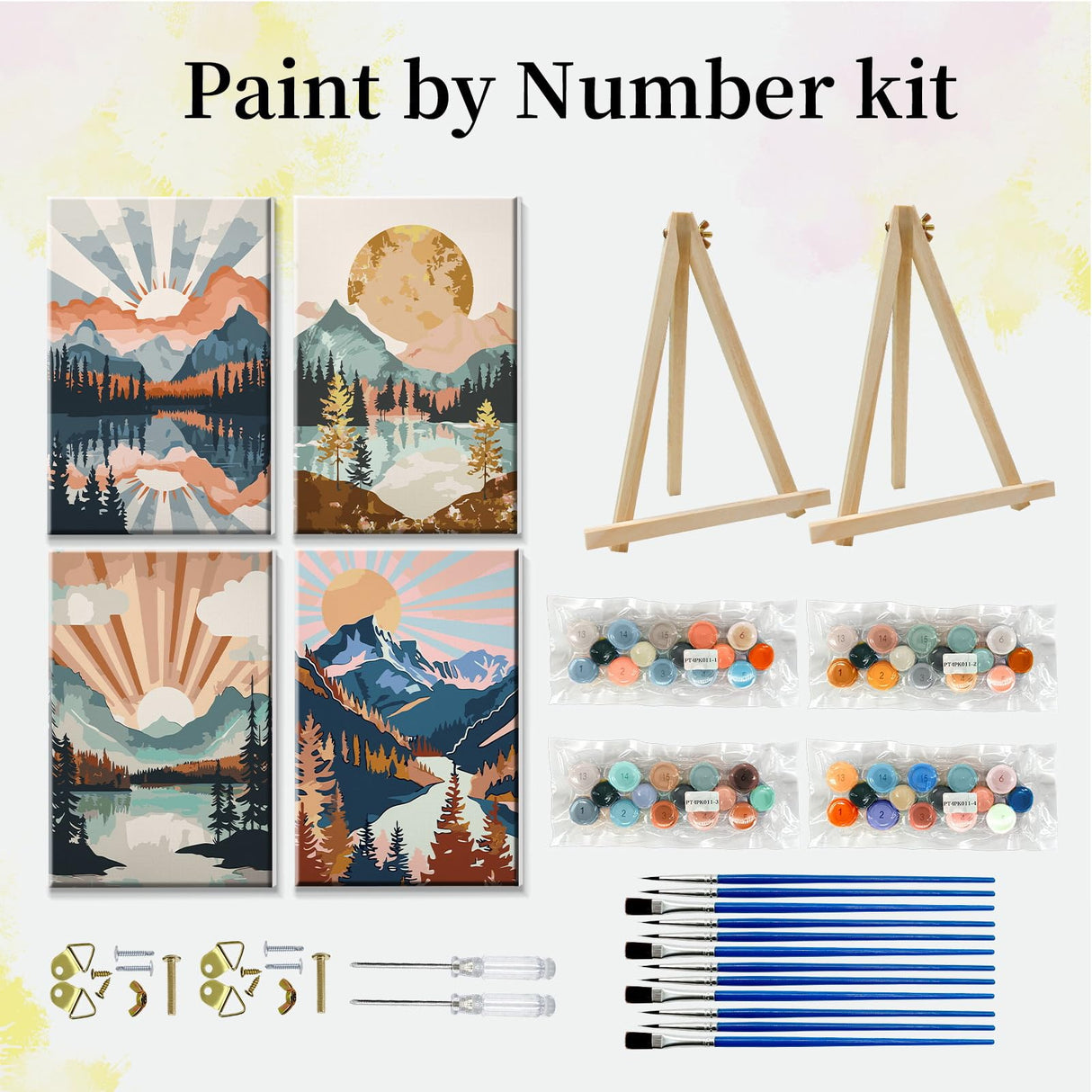 JOOZ 4 Pack Paint by Numbers Kit for Adults with Frame Mountain Paint by Number with Easel Lake Adult Paint by Number Kit on Canvas Framed Sunset Oil Painting Kits for Home Wall Decor 8x12 Inch JOOZ