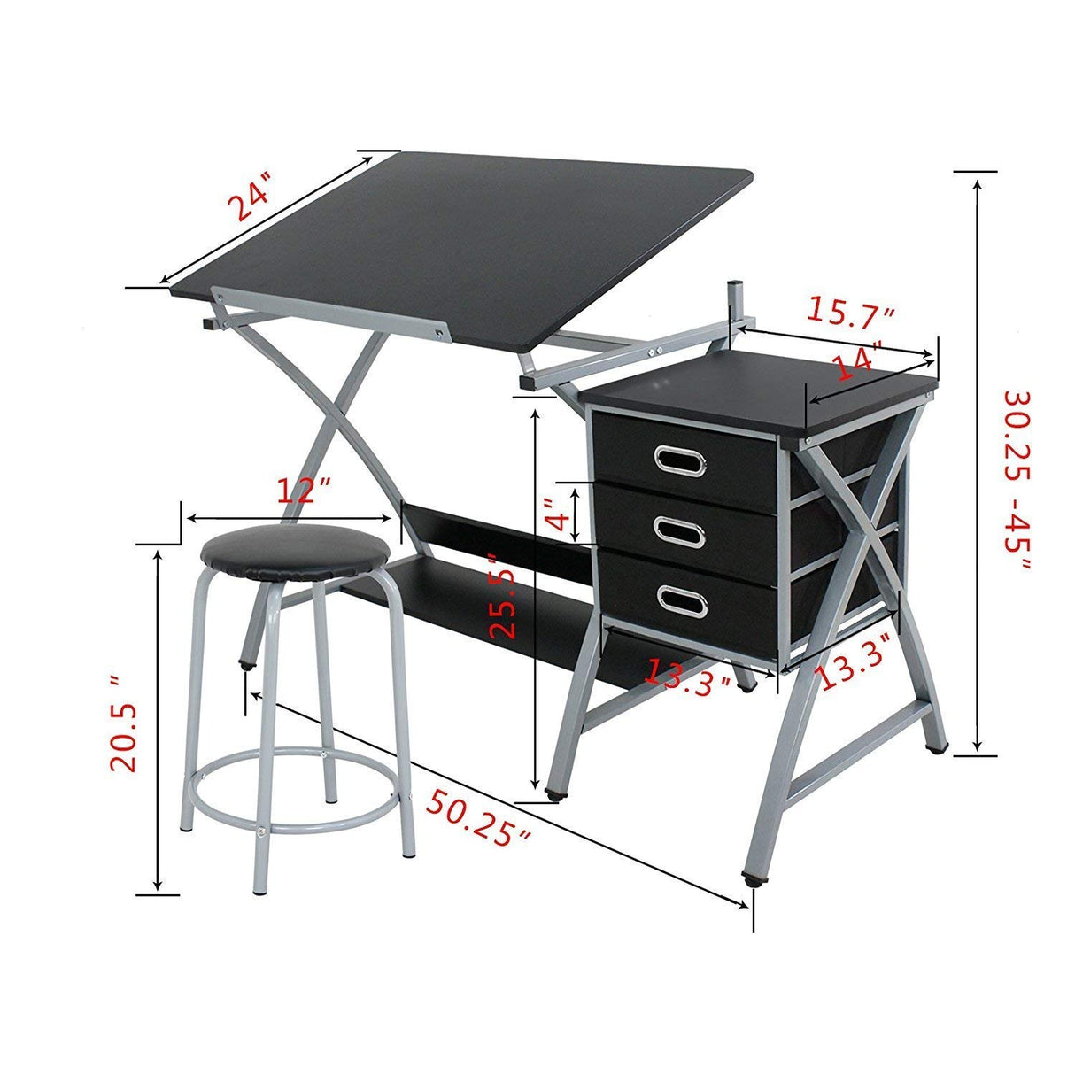 BBBuy Drafting Table Drawing Desk Art Craft Adjustable Tabletop Craft Table w/ 3 Slide Drawers and Stool Set Art Design Workstation for Writing, Painting, Sketching for Home Office, Black BBBuy