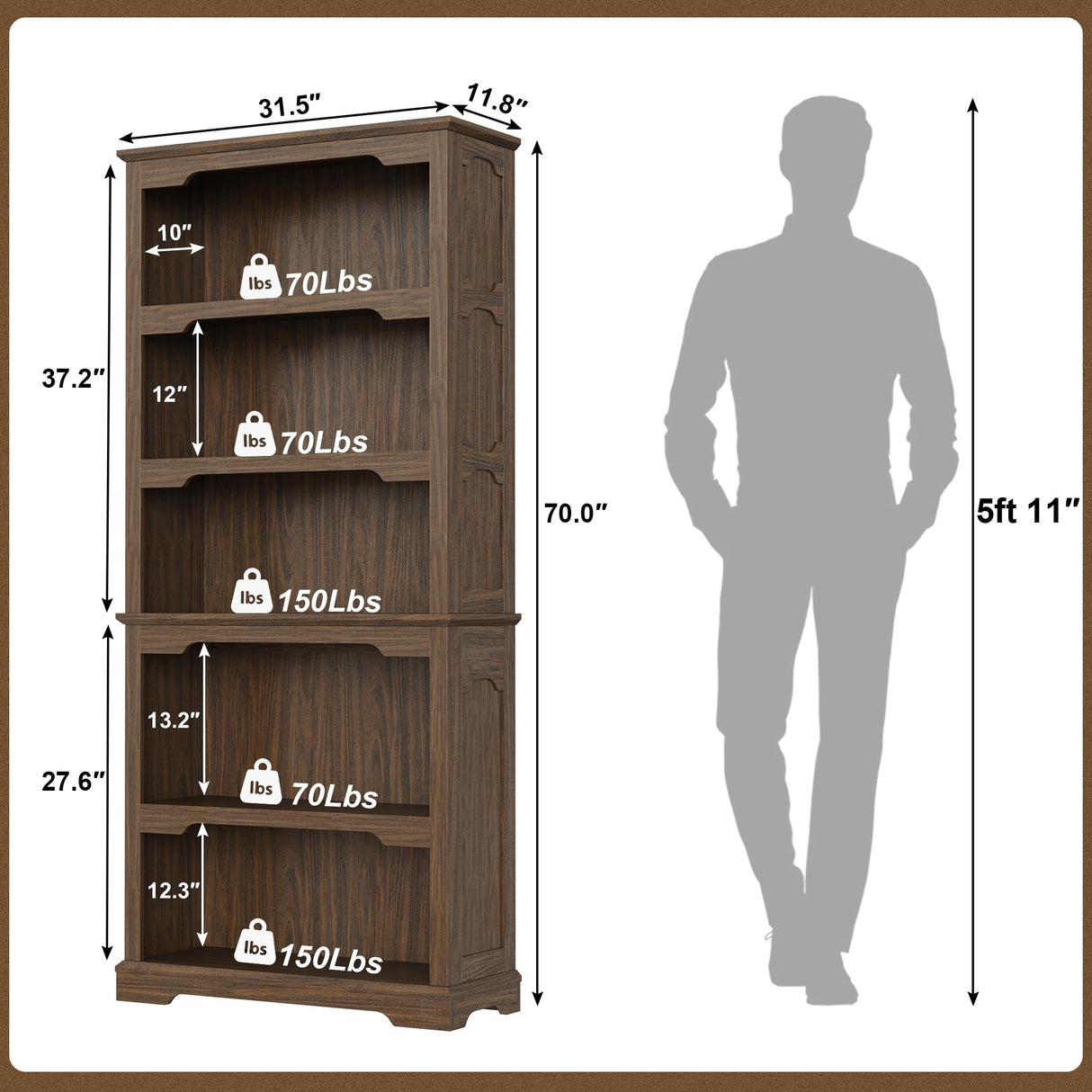 TRONLEE Tall Bookcase, 70 inch Height, 5-Tier Open Storage Shelf, 31.5 in Wide Standing Bookshelves for Home, Office, Bedroom, School, Library, 31.5W * 11.81D *70H (Walnut, Open Storage) TRONLEE