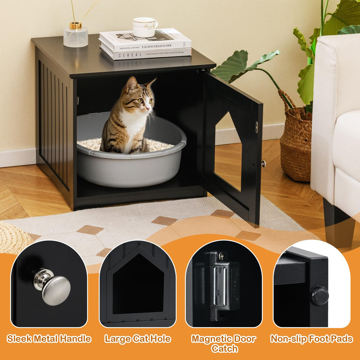 Tangkula Litter Box Enclosure, Cat Litter Box Furniture Hidden, Nightstand Pet House with Magnetic Door, Indoor Cat Washroom for Kitty (Black) Tangkula