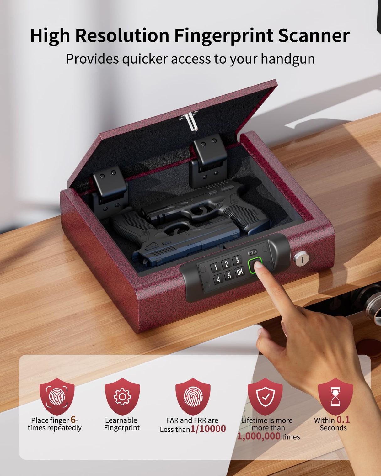 Gun Safe,Biometric Gun Safe for Pistols 3-Ways unlock Fingerprint Digital PIN Key Unlock with Voice,Lock box for Cloakroom living room Bedroom Nightstand and Car BILLCONCH - Burgundy Red BILLCONCH