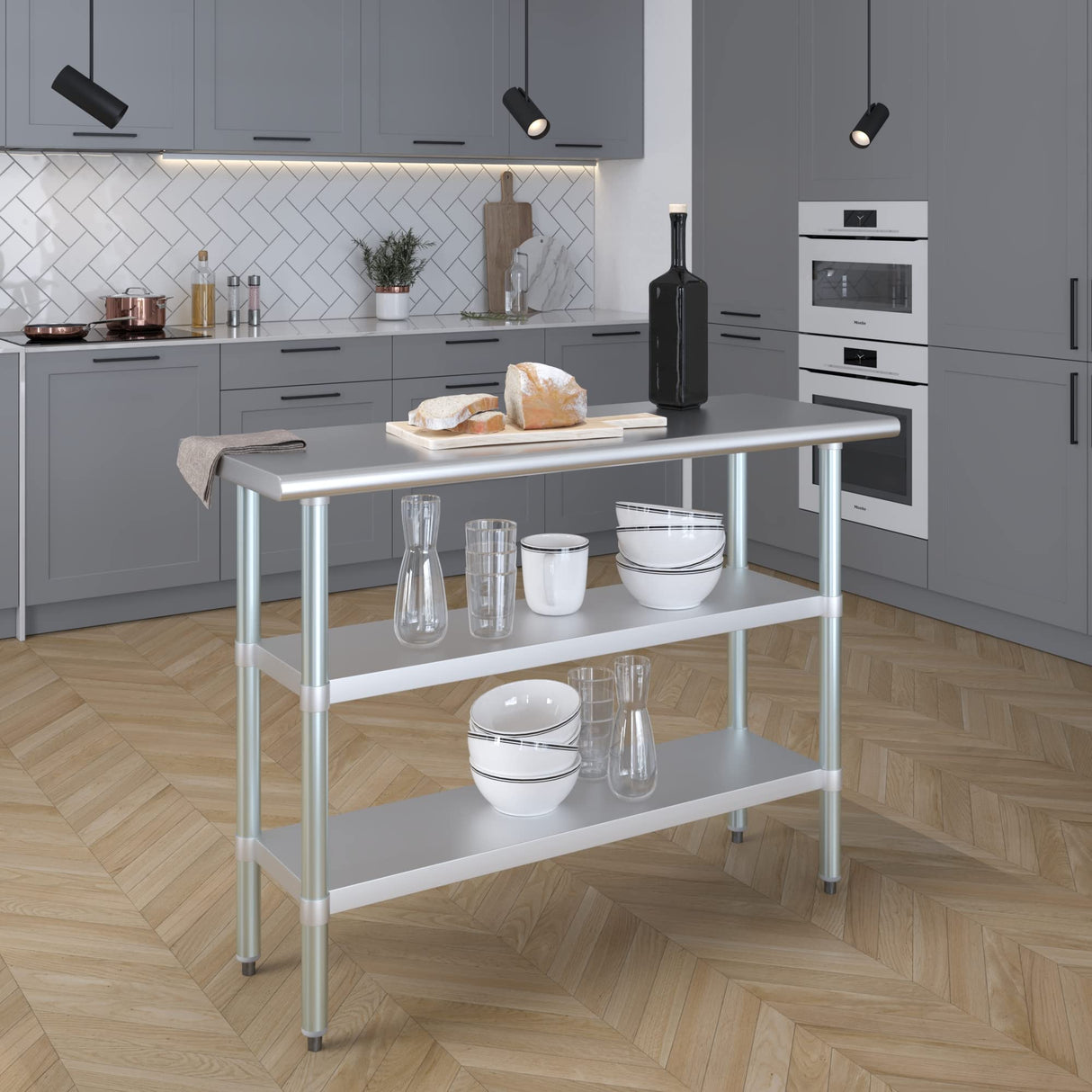 48" Long X 18" Deep Stainless Steel Work Table with 2 Shelves | Metal Food Prep Station | Commercial & Residential NSF Utility Table AmGood