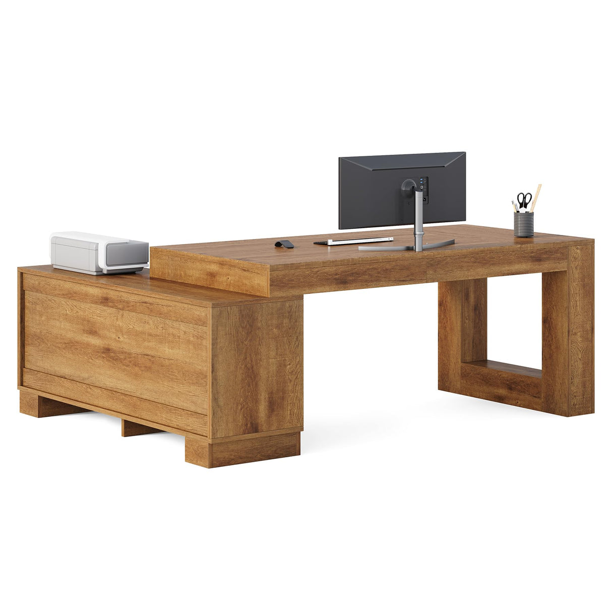 LITTLE TREE 63" L Shaped Executive Desk with Storage, Farmhouse Home Office Desk with 2-Tier Cabinets and Shelves, Large Wooden Computer Table Business Furniture Workstation Set, Brown LITTLE TREE