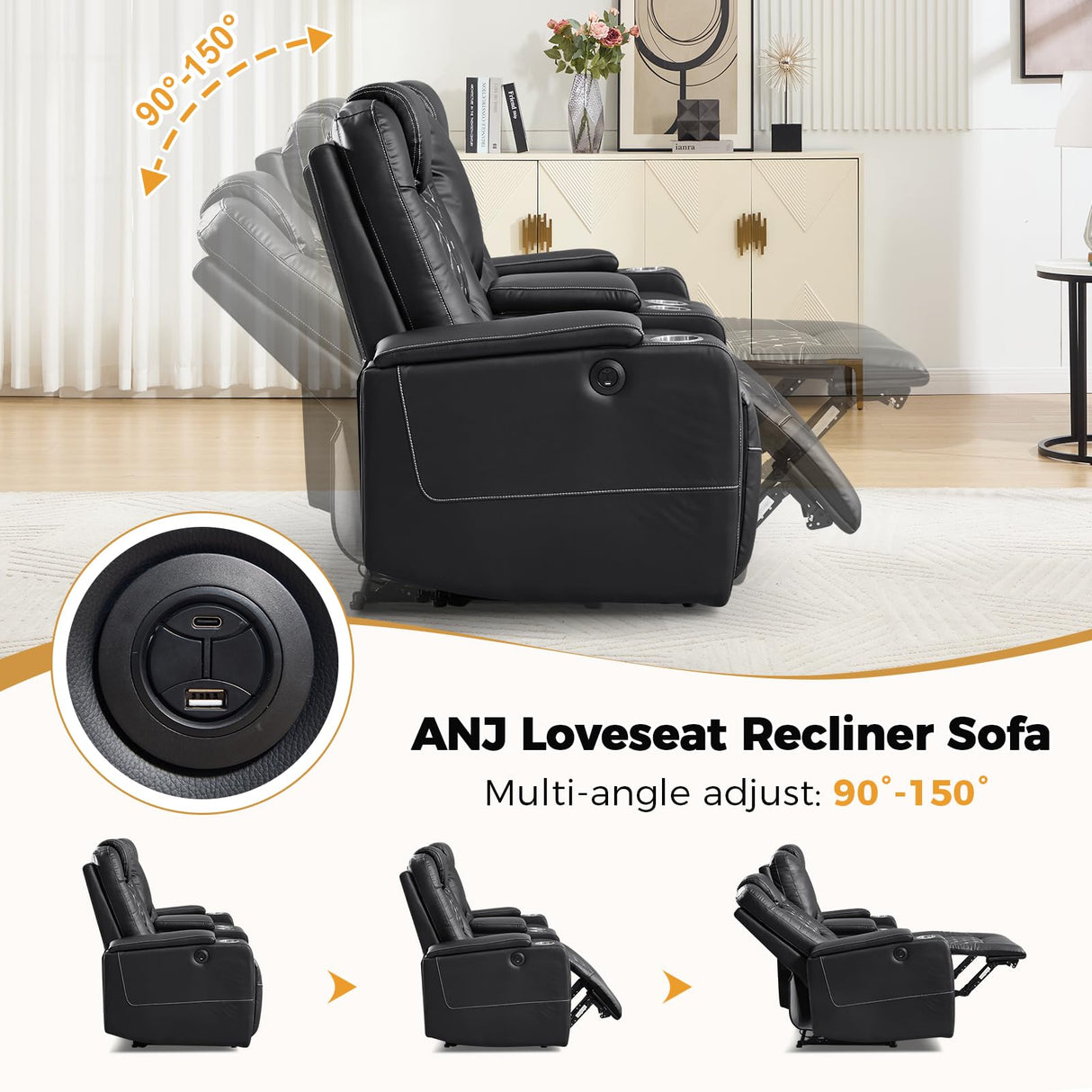 ANJ Reclining Loveseat,Power Recliner Sofa with USB Ports and Cup Holders - Overstuffed Electric Living Room Seating PU Leather Double Recliner with Hidden Arm Storage, Easy to Clean (Black) ANJ