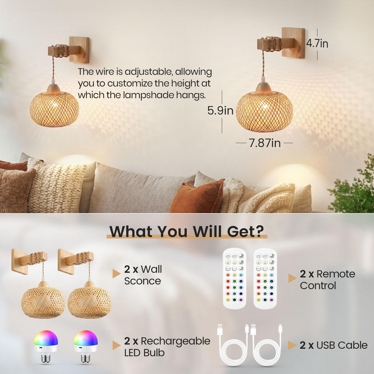 Battery Operated Wall Sconce Set of Two, Wireless Rechargeable Wall Lights, Rattan Wall Lamps with Remotes and Dimmable RGB LED Bulbs, Indoor Boho Wood Sconces Wall Decor for Bedroom Living Room MANGINY