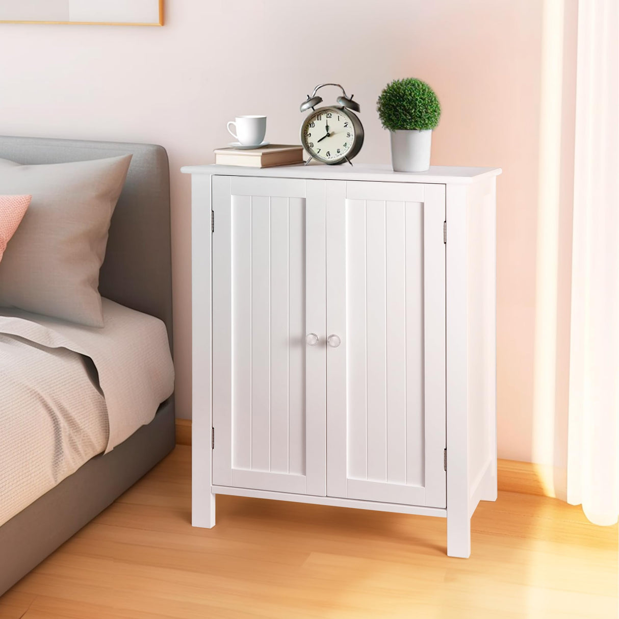 ZENY Bathroom Floor Storage Cabinet with Double Door + Adjustable Shelf, Wooden Organizer Cabinet for Living Room, Bathroom, Bedroom, Modern Home Furniture (White) ZENY