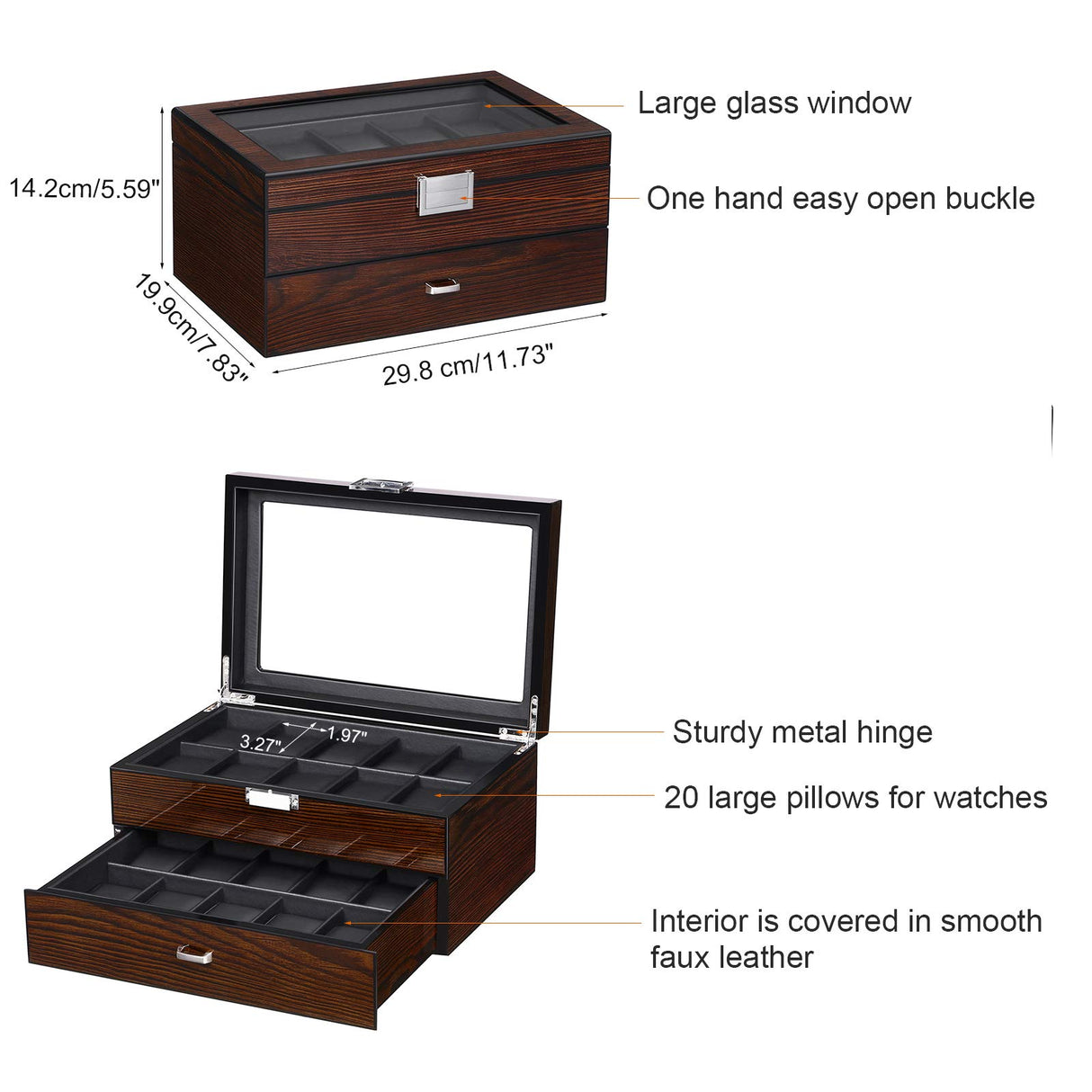 BEWISHOME Watch Box, 20 Slots Watch Case for Men - Luxury Watch Organizer with Glass Top,Smooth Faux Leather Interior, Brown SSH04Y BEWISHOME