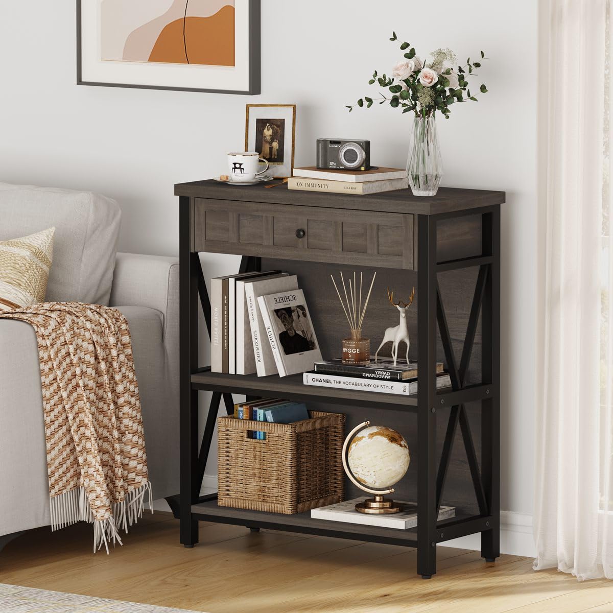 FATORRI Rustic Bookshelf with Drawer, Industrial Wood and Metal Bookcase, Small Book Shelf and Low Book case for Small Space (Walnut Brown) FATORRI