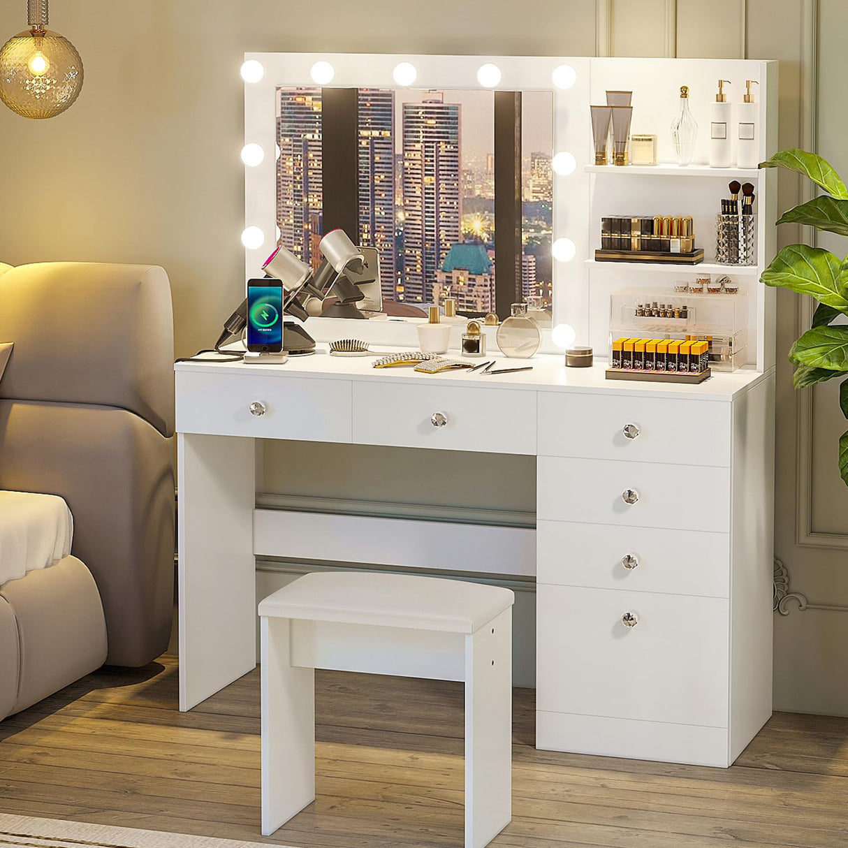 VOWNER Vanity with Lights - 47" Makeup Vanity Desk with Power Outlet, Storage Shelves and 6 Drawers, 3 Color Lighting Modes with Adjustable Brightness, Makeup Desk with Stool for Bedroom, White VOWNER