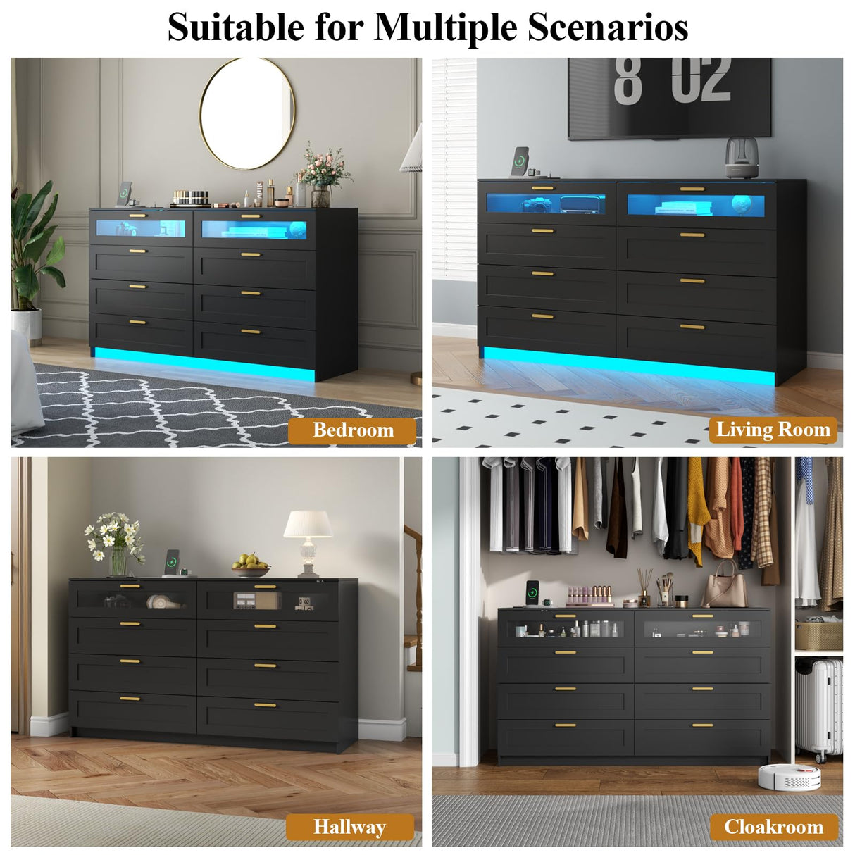 8 Drawers Dresser with Charging Station, White Dresser for Bedroom with LED Lights, Modern Chest of Drawers for Closet, Double Wide Dresser Organizer for Bedroom, Living Room, Entryway (Black) Gyfimoie