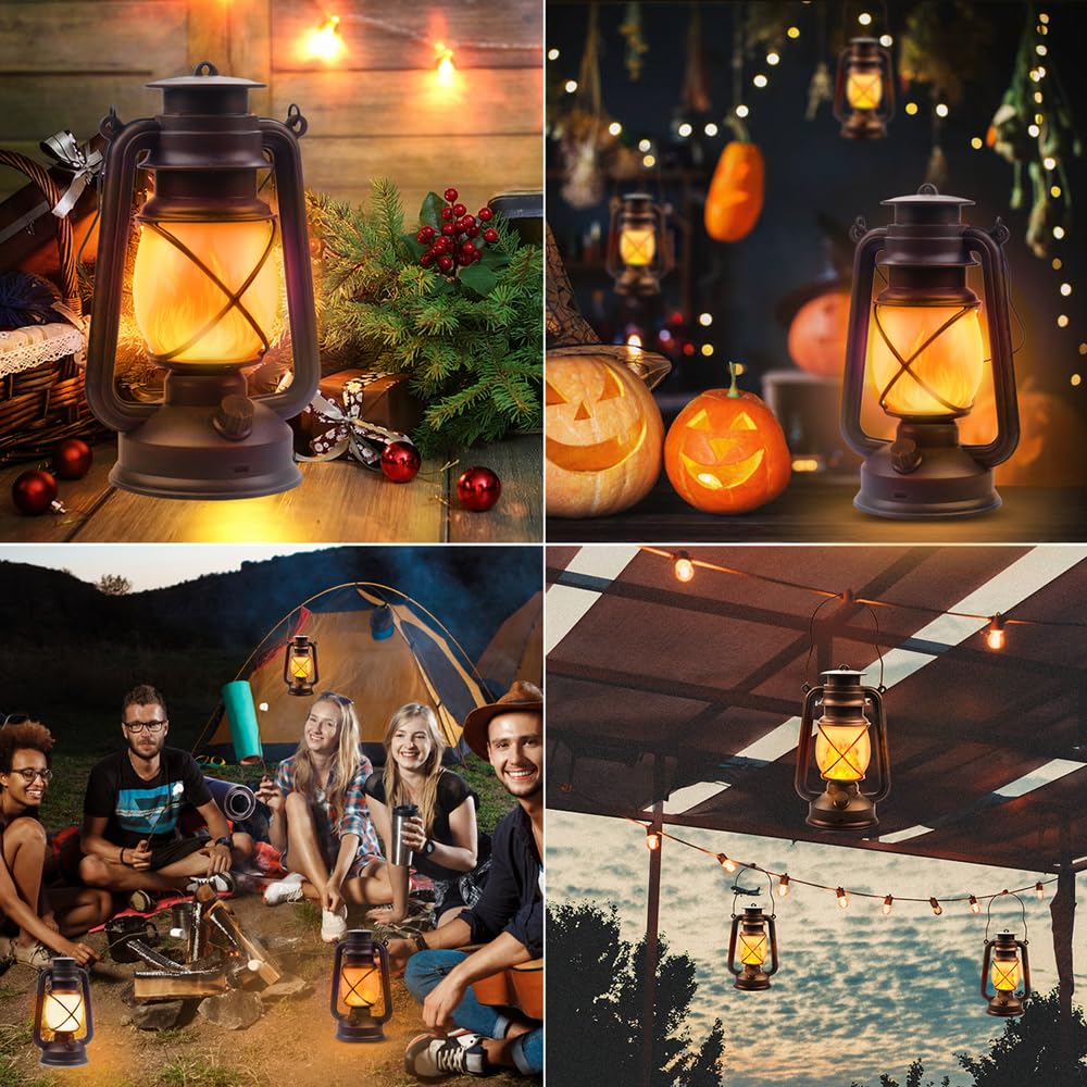 Lantern LED Battery Powered Camping Lamp Outdoor Hanging Lantern Flickering Flame Rechargeable Retro Lanterns Remote Control 4 Modes Light Non-Solar 2 Pack Marlrin