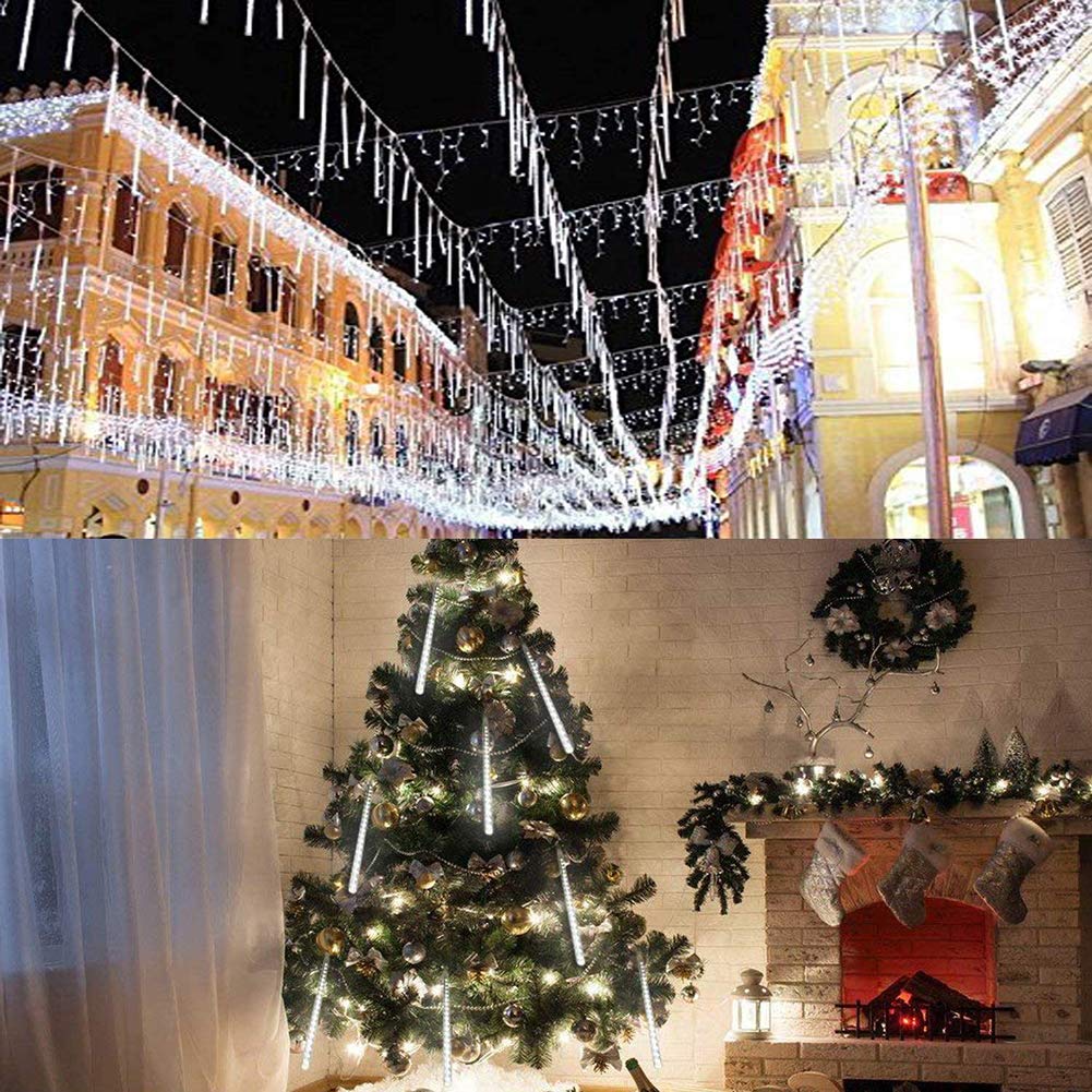 Weepong Christmas Lights Outdoor UL Certified Meteor Shower Lights 12Inch 8Tubes 192LED Falling Rain Drop Lights Icicle Snow Cascading Xmas Lights for Tree Wedding Party Garden Decoration,White Weepong