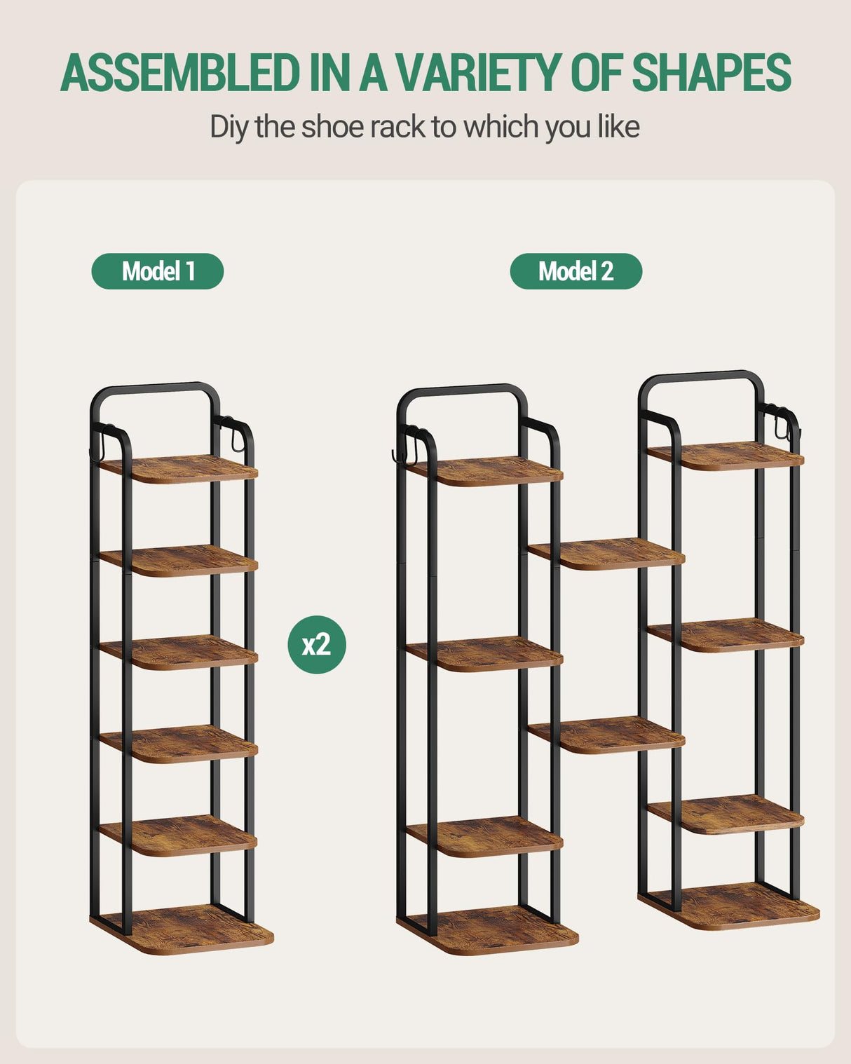 Hzuaneri 6 Tiers Vertical Shoe Rack, Narrow Shoe Tower, Tall Shoes Shelf with 2 Hooks, Adjustable Shelves, Corner Shoes Shelves for Small Spaces, Entryway, Living Room, Rustic Brown SR04201B Hzuaneri