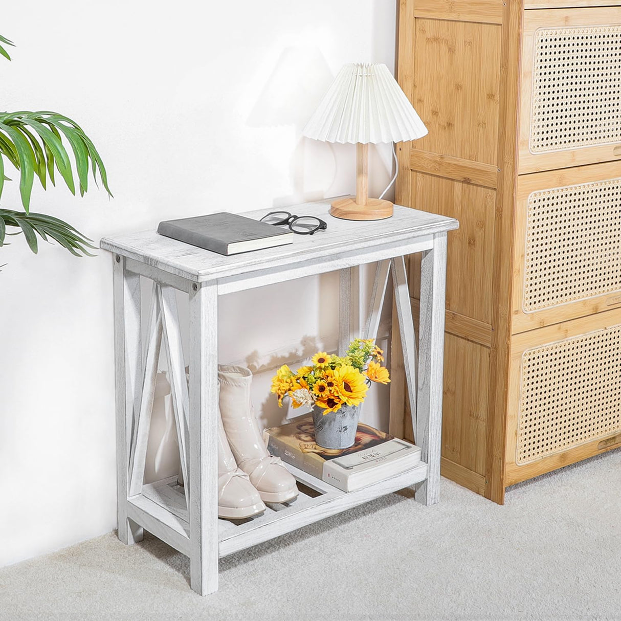 FEUFOAM Narrow End Table Wood Rustic Farmhouse Side Tables with Storage Shelves Narrow Sofa Table for Small Spaces Living Room Bedroom Bathroom Dorm Rustic White FEUFOAM