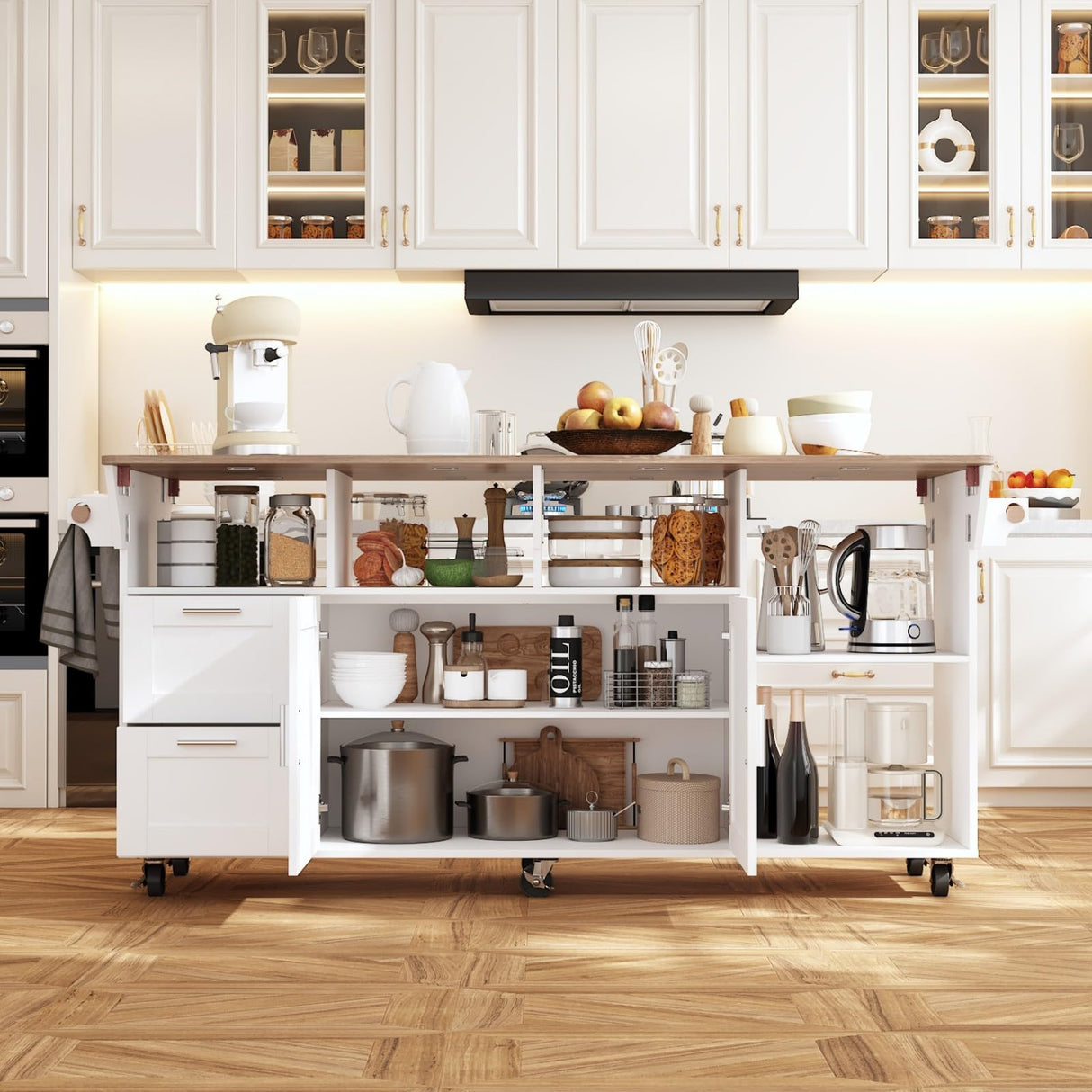 JOIKUJIA Rolling Kitchen Island Cart with Storage, Mobile Kitchen Island on Wheels with Drop Leaf & 2 Drawers, Adjustable Shelf, Towel Rack & Brown Tabletop, White, 70.9”W x 31.7”D x 31.6”H JOIKUJIA