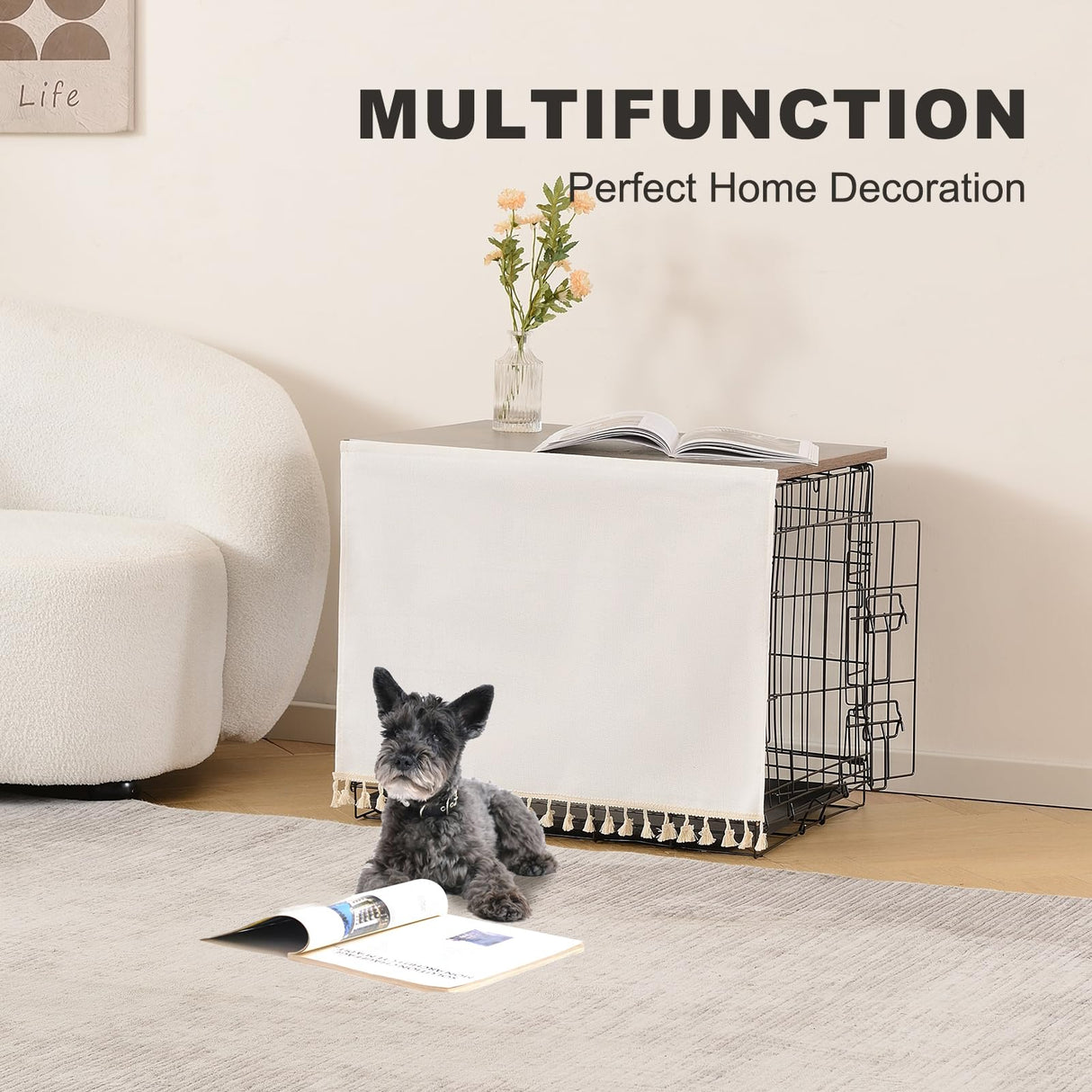 VIE DE AMAN Dog Crate Topper Wood for 48 42 36 24 inch Cages, Dog Crate Table Topper with Tassel Curtain, Rustic Style Dog Kennel Topper, Oak Grey(Dog Crate Not Include) VIE DE AMAN