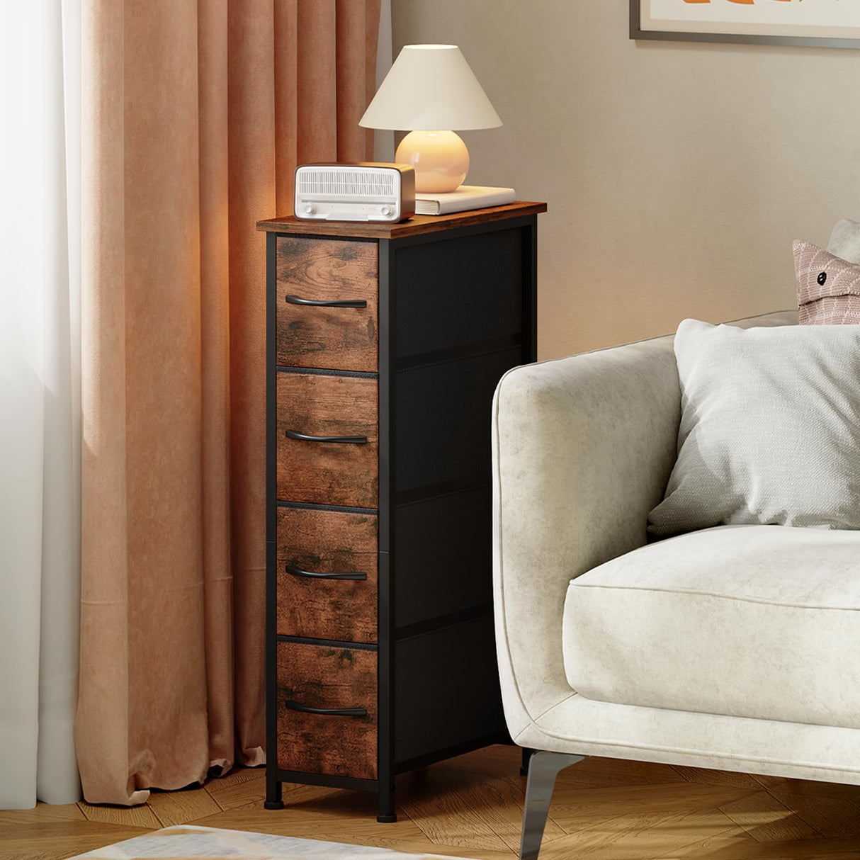 Somdot Narrow Dresser with 4 Drawers, Slim Storage Organizer Chest of Drawers with Removable Fabric Drawers for Small Spaces Bathroom Closet Bedroom Laundry, Wood Grain Print Somdot
