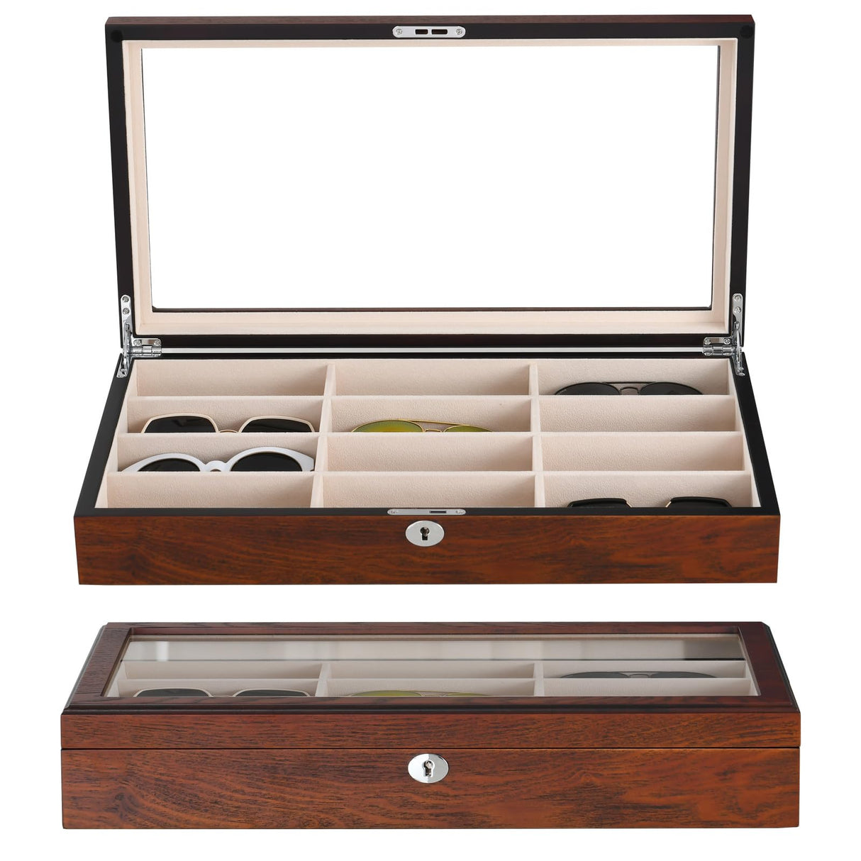 SYENS Wood 12 Slots Sunglasses Organizer Box, Eyeglasses Storage Display Case -Top Glass Window and Key Lockable Holder Sunglasses Case (GB12-RC) SYENS