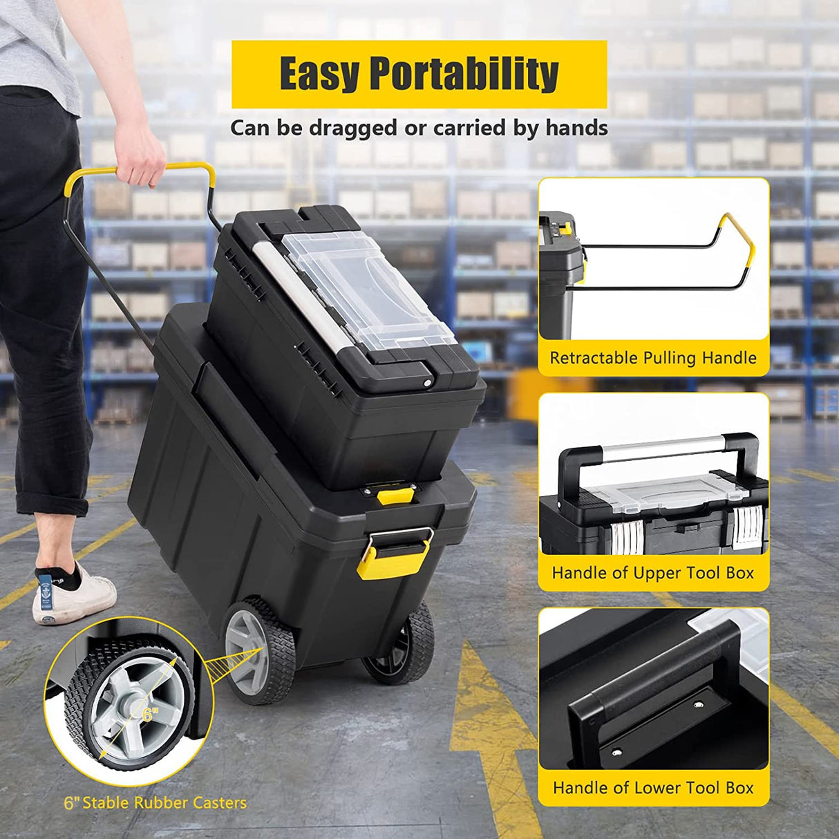 Goplus 2-in-1 Tool Box Portable Rolling Toolbox Storage Solution Multi-Purpose Plastic Organizer Set Mobile Workshop with Wheels Goplus