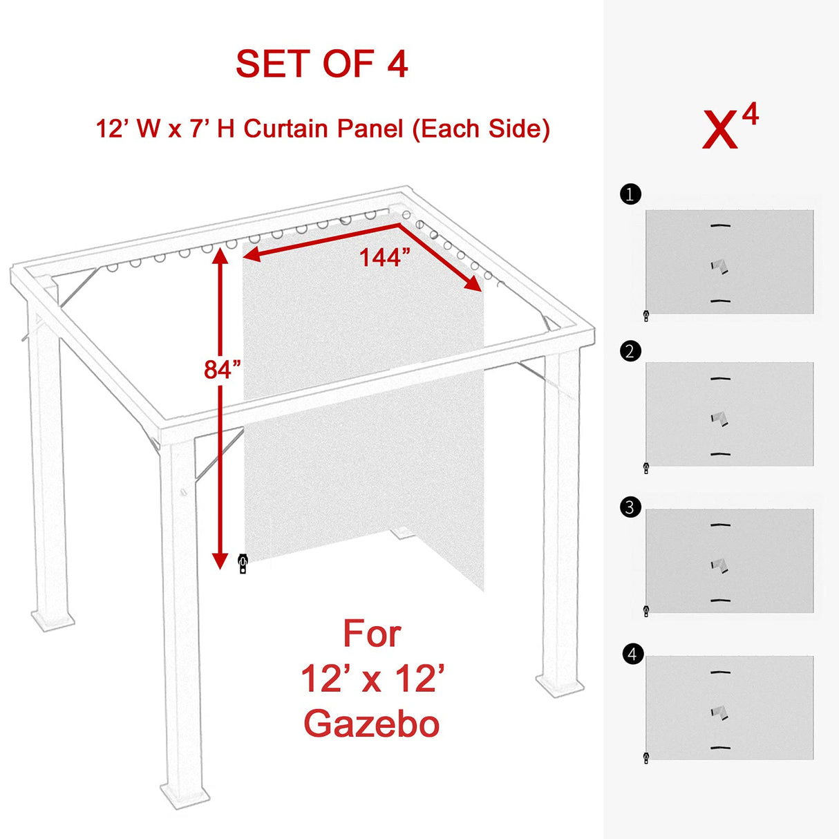 Westcharm Universal Gazebo Curtains 12' X 12' Replacement 4 Panels Privacy Curtain Set for Gazebo Outdoor (Gazebo Privacy Side Wall Set Only) Westcharm