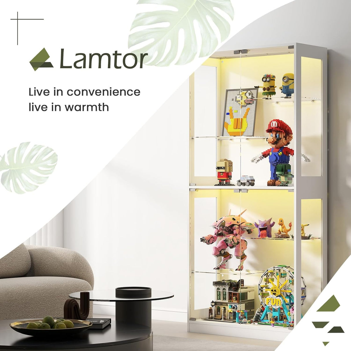 Lamtor 69-Inch Glass Display Cabinet - Adjustable Shelves Display Case, Curio Cabinet with RGB Lighting, for Game Room, Living Room, Bedroom, White Lamtor