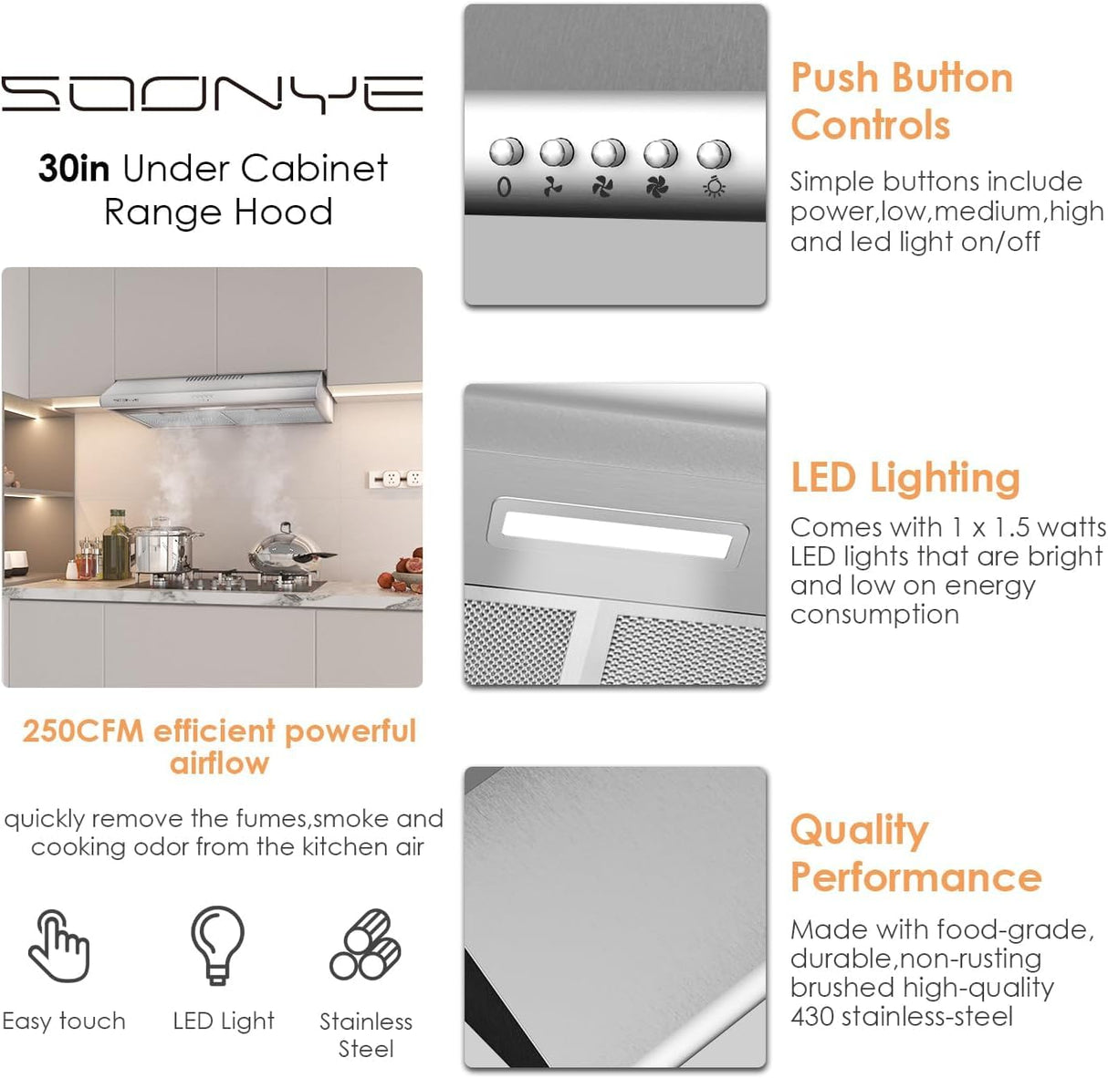 SOONYE 30 inch Stainless Steel Under Cabinet Range Hood, Slim Kitchen Vent Hood Ducted/Ductless Convertible with 3 Speed Controls, 5-Layer Aluminum Filters,LED Lights Soonye