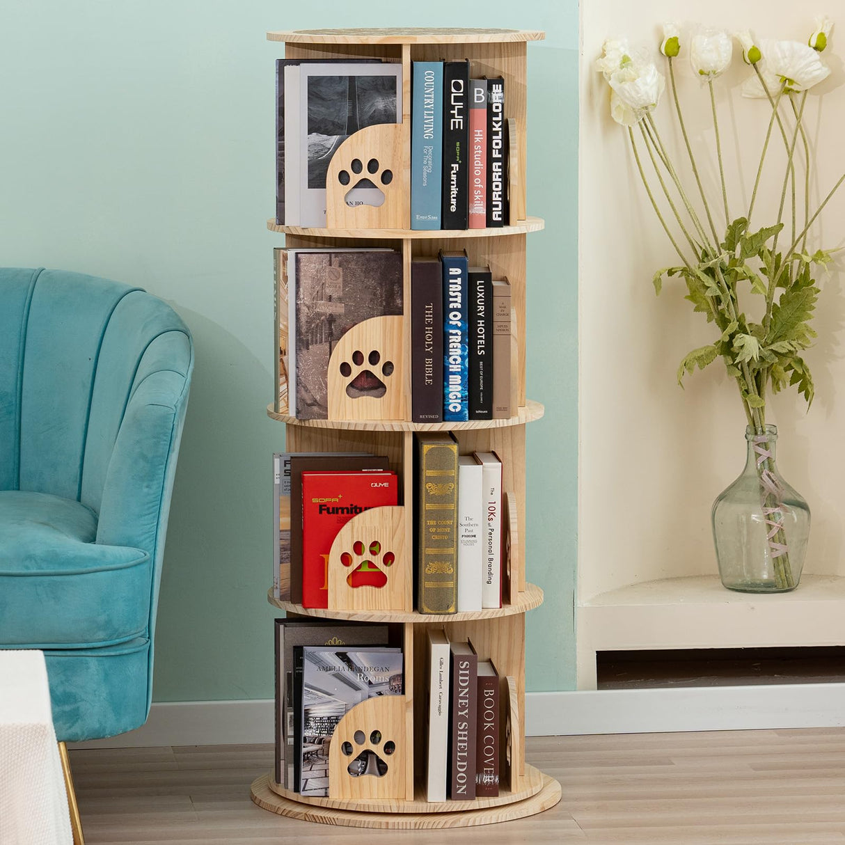 BUYWAY 360° Rotating Solid Wood Bookshelf Tower - Versatile 4-Tier Bookcase for Kids & Adults BUYWAY