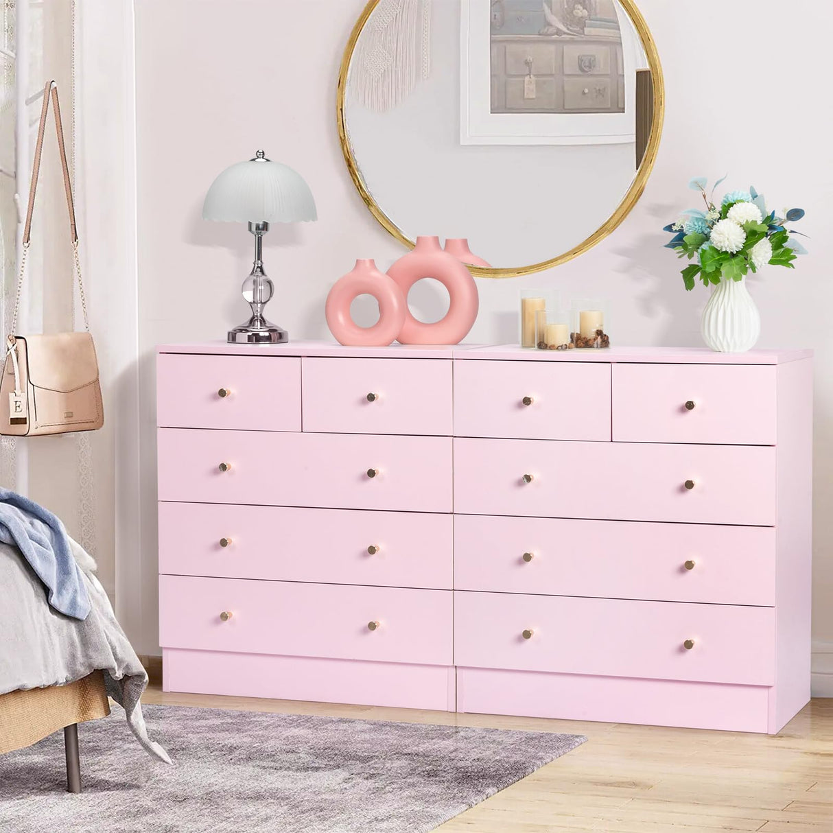 Karl home Pink 5 Drawer Dresser for Bedroom, Modern Wood Dresser Chest of Drawers, Pink Bedroom Dressers for Girls, Anti-Tipping Device, Rose Gold Metal Handle, Living Room, Entryway, Hallway, Office Karl home