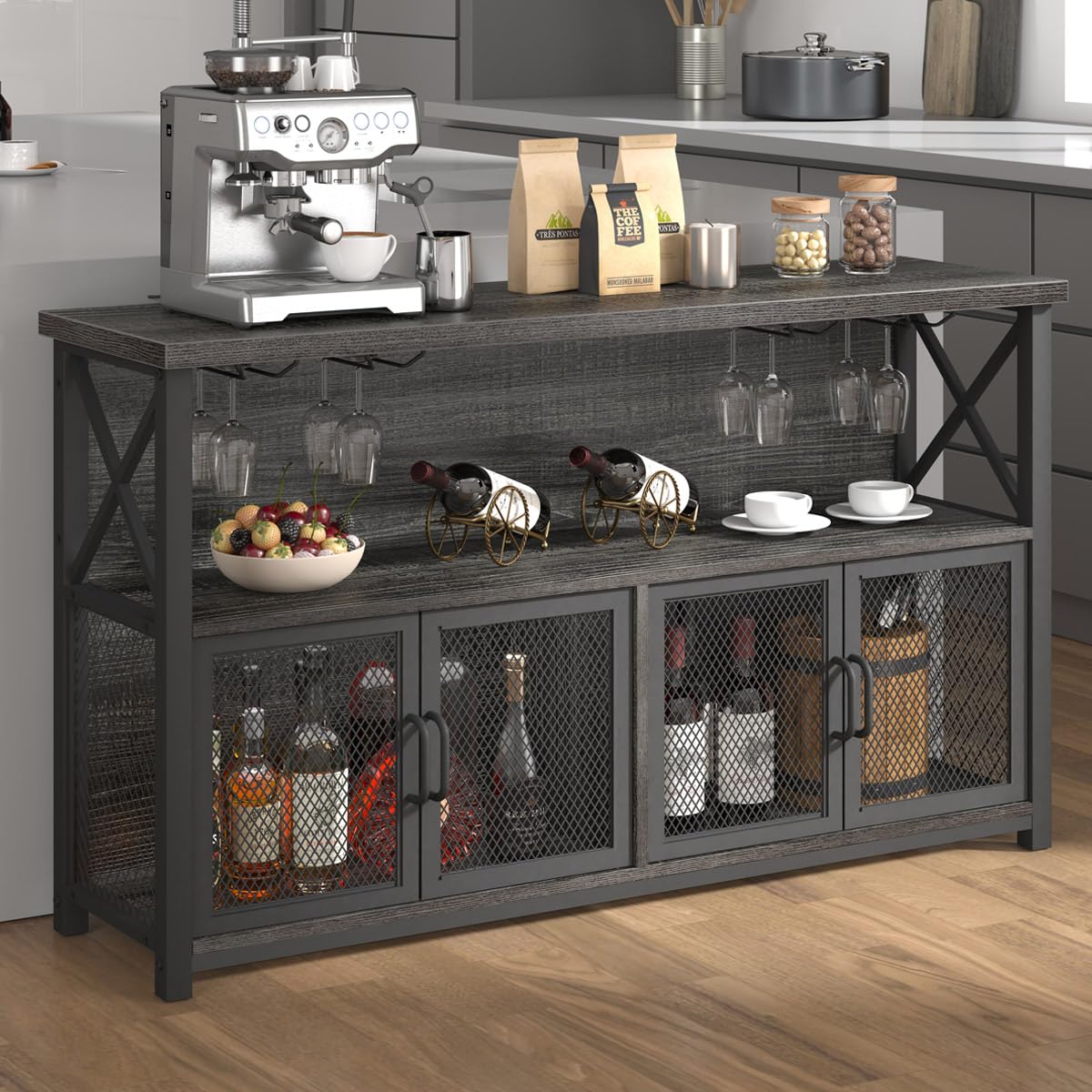 LVB Industrial Dark Gray Oak Wine Bar Cabinet with Storage Rack and Glass Holders LVB