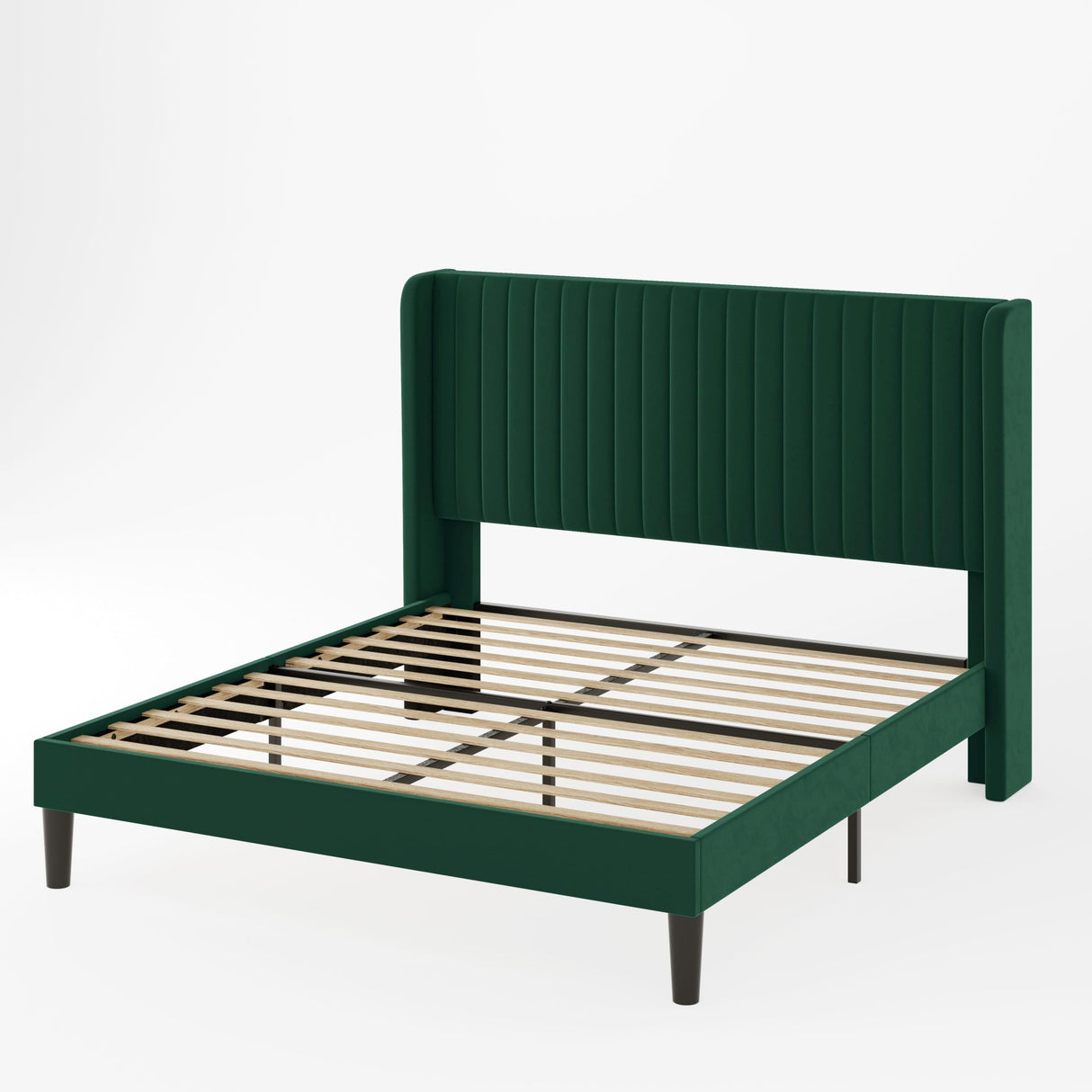 Allewie Queen Size Bed Frame/Velvet Upholstered Platform Bed/Vertical Channel Tufted Wingback Headboard/Strong Wooden Slats/No Box Spring Needed/Easy Assembly/Green Allewie