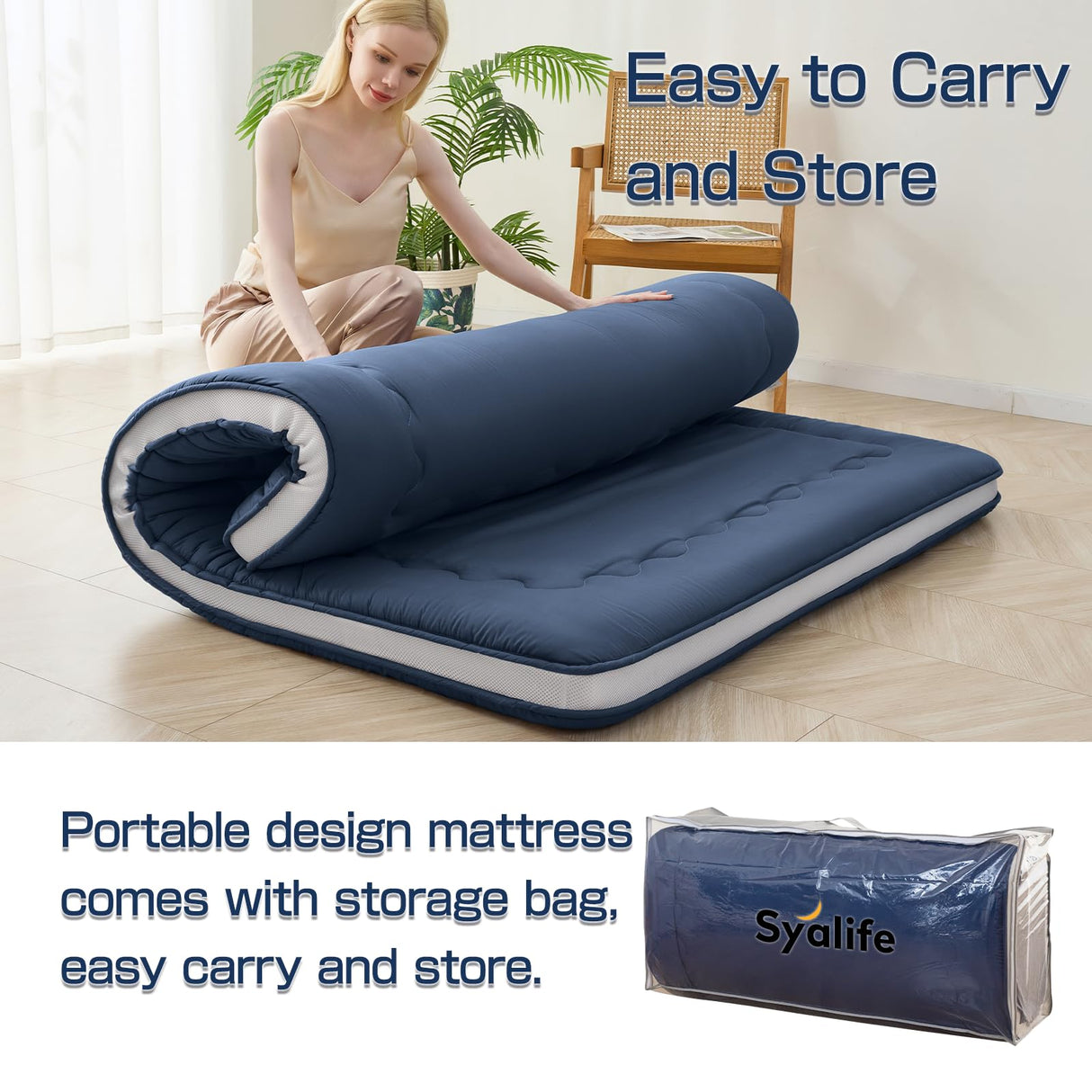 Syalife Japanese Futon Mattress Floor Mattress, 4" Thicken Roll Up Tatami Mat, Foldable & Portable Floor Bed Sleeping Pad, Traditional Shiki Futon (shikibuton), Design by Japan (Navy Blue, 39 * 80) Syalife
