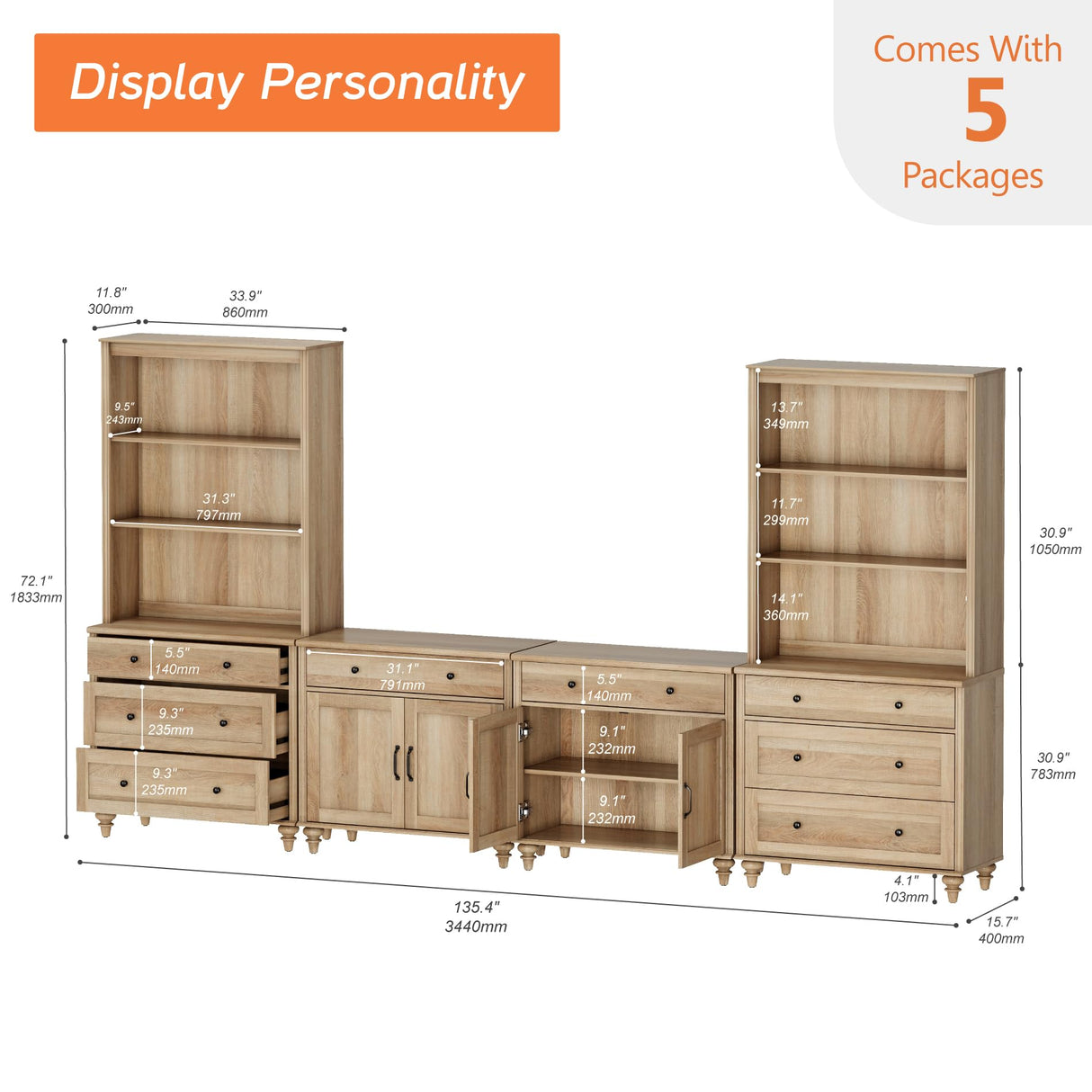 WAMPAT Entertainment Center with Bookshelves for TVs up to 75", Farmhouse Wall Unit TV Stand with Doors & Drawer, Media Console Table for Living Room, Bedroom & Home Theater, Oak WAMPAT